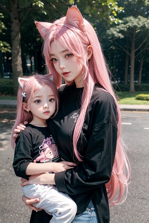 photo depcting moment of love between mother and child, in the park, 17 year old woman, long pink hair, cat ears, big breasts wearing black long sleeve shirt with belly out, holding 3 year old female child on your lap, long pink hair, wearing black t-shirt