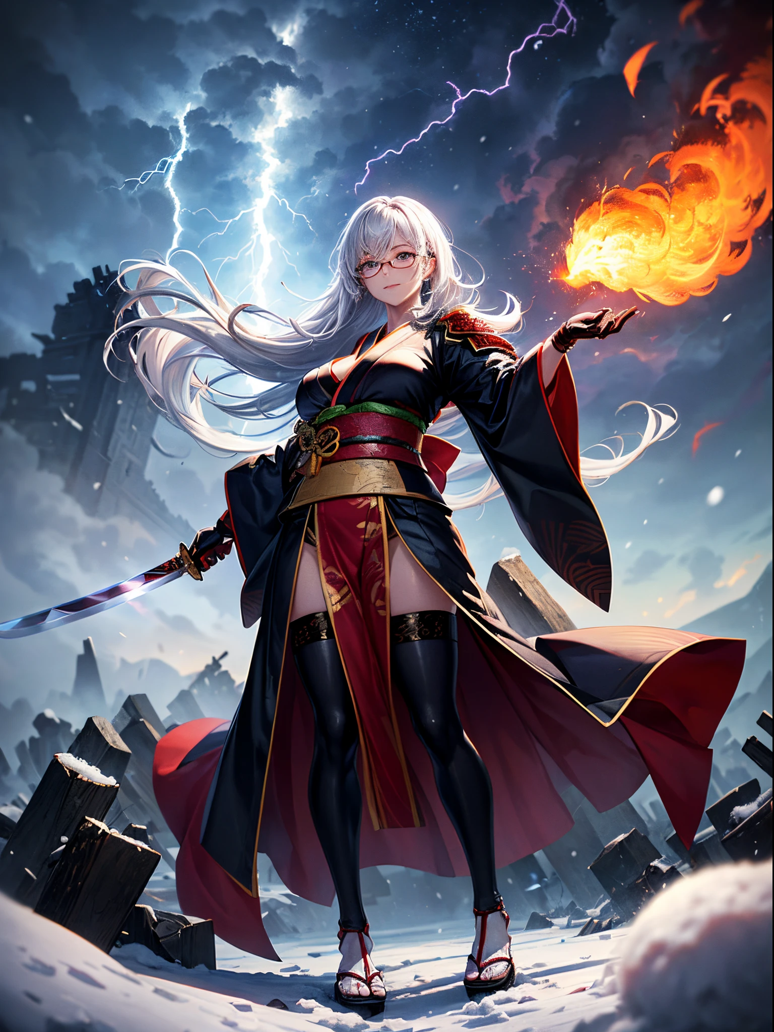 woman, teacher, maternal physique, fit physique, (slim body), (gorgeous face), (detailed face), gorgeous body, (masterpiece), symmetrical breasts, full body view, red eyes, glowing eyes, (expressive eyes), (detailed eyes), ((snow white hair)), long hair, finely tanned dark sienna skin, smooth skin, glasses, ((swordsman's kimono with traditional armor pieces)), ((red and black kimono)), (more clothing coverage), (black leather gloves), (gladiator black sandals), (cloth straps cover the breasts), (((floating in the air above the ground))), Standing majestically, smirking, looking down upon, flaunting her power, (purple fiery aura), ((massive lightning strikes in the background)), (multiple lightning strikes), (fire aura cloak), (purple fire), (large Purple flames background), (highly detailed), (best quality), [warrior theme], [war god clothes theme], (destroyed landscape in the background), (storming skies background), fire in the background of the landscape