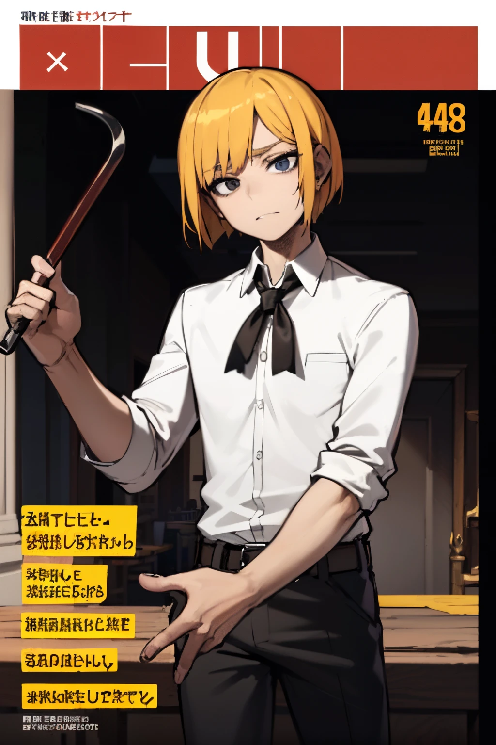 magazine cover, magazine border, legible bold text, intricate detail, masterpiece, best quality, highres, dja, black tie, white shirt, collared shirt, rolled up sleeve, black pants, belt, bob haircut, messy hair, blond hair, holding a crowbar, 4k, masterpiece,