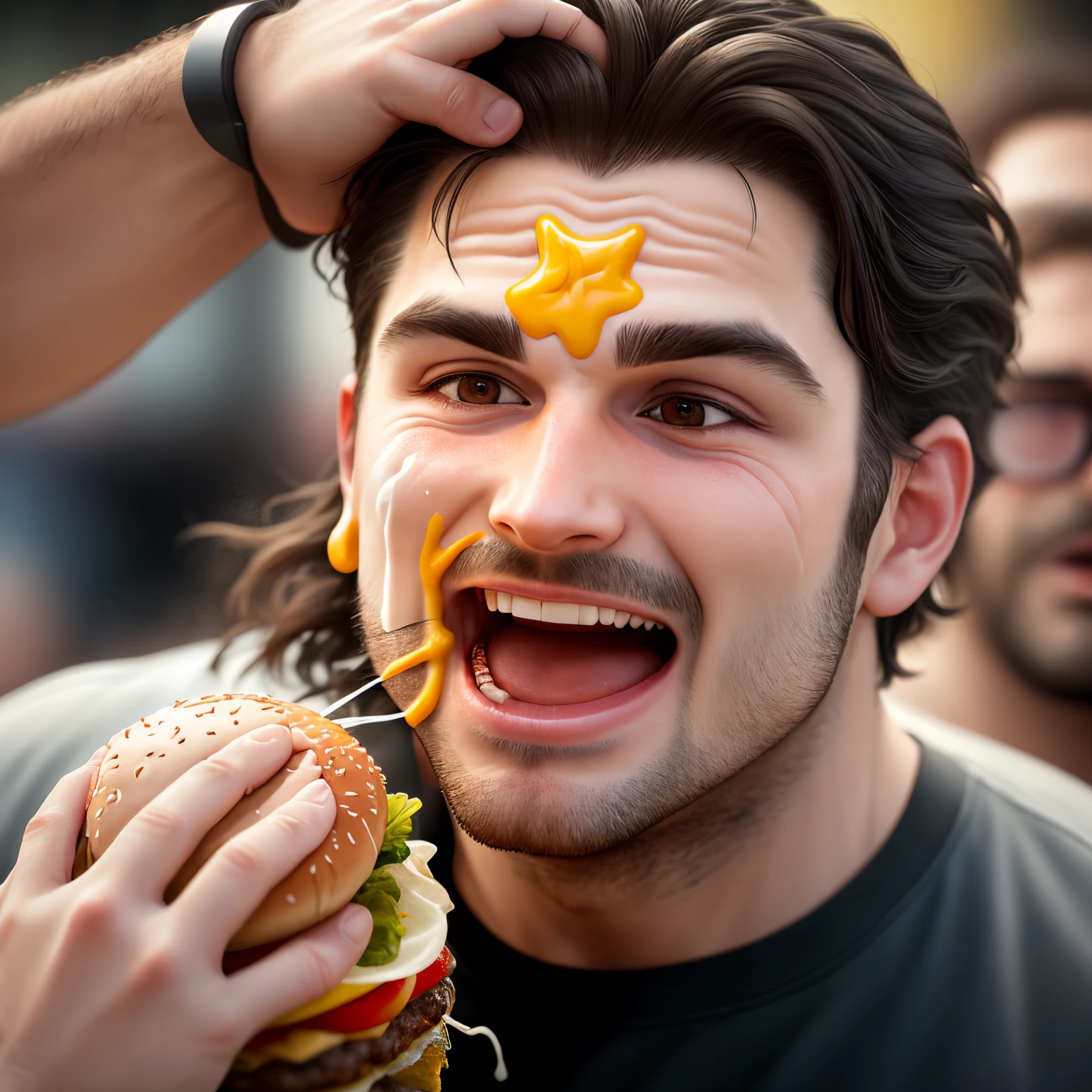 man being slapped in the face hard by a cheeseburger hyperrealistic
