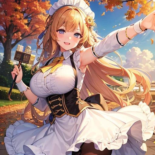 ((masterpiece,best quality)), highres, extremely detailed 8K wallpaper, ｂig boobs, cheerful, greeting, morning, smile, white frilly dress, mini skirt, smiling face, tights, fascinator, braid, sunny, from front,　autumn, sunshine,