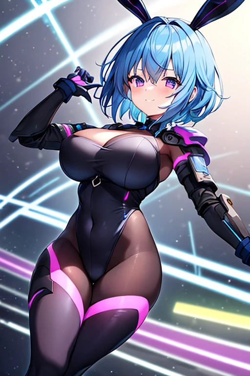 1girl, blue hair, large breasts, breasts, thick thighs, wide hips, purple eyes, bodysuit, black bodysuit, short hair, light smile, happy, very short hair, science-fiction, tech, futuristic, black pantyhose, neon, machinery, bunny ears, neon trim, anime style, 2d, anime screencap, blue neon trim, shoulder armor,