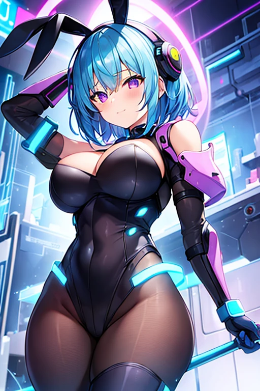 1girl, blue hair, large breasts, breasts, thick thighs, wide hips, purple eyes, bodysuit, black bodysuit, short hair, light smile, happy, very short hair, science-fiction, tech, futuristic, black pantyhose, neon, machinery, bunny ears, neon trim, anime style, 2d, anime screencap, blue neon trim, shoulder armor,