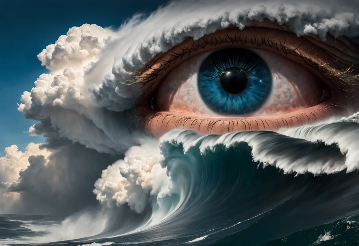 Close-up of the center of the storm, Eye of the typhoon,hurricane, apocalypse hurricane storm, Stormy weather, eyed, The storm of all storms, cloud with eye, firestorm, Inspired by Storm Thorgerson, Oh, God&#39;Eye view, Explosive pigmentation, webcam photography, Aerial photography, visual pun, Jean Delville, Narrative-driven visual storytelling, Macro zoom, Environmental awareness, Terror wave, Cloud core, yankees core, Aerial photography, in the style of a visual pun, Macro zoom, bird's eyes view, Copy punk, Terror wave, webcam photography, mottled，(Best quality at best,4K,8K,A high resolution,tmasterpiece:1.2),ultra - detailed,(actual,realistically,realistically:1.37),