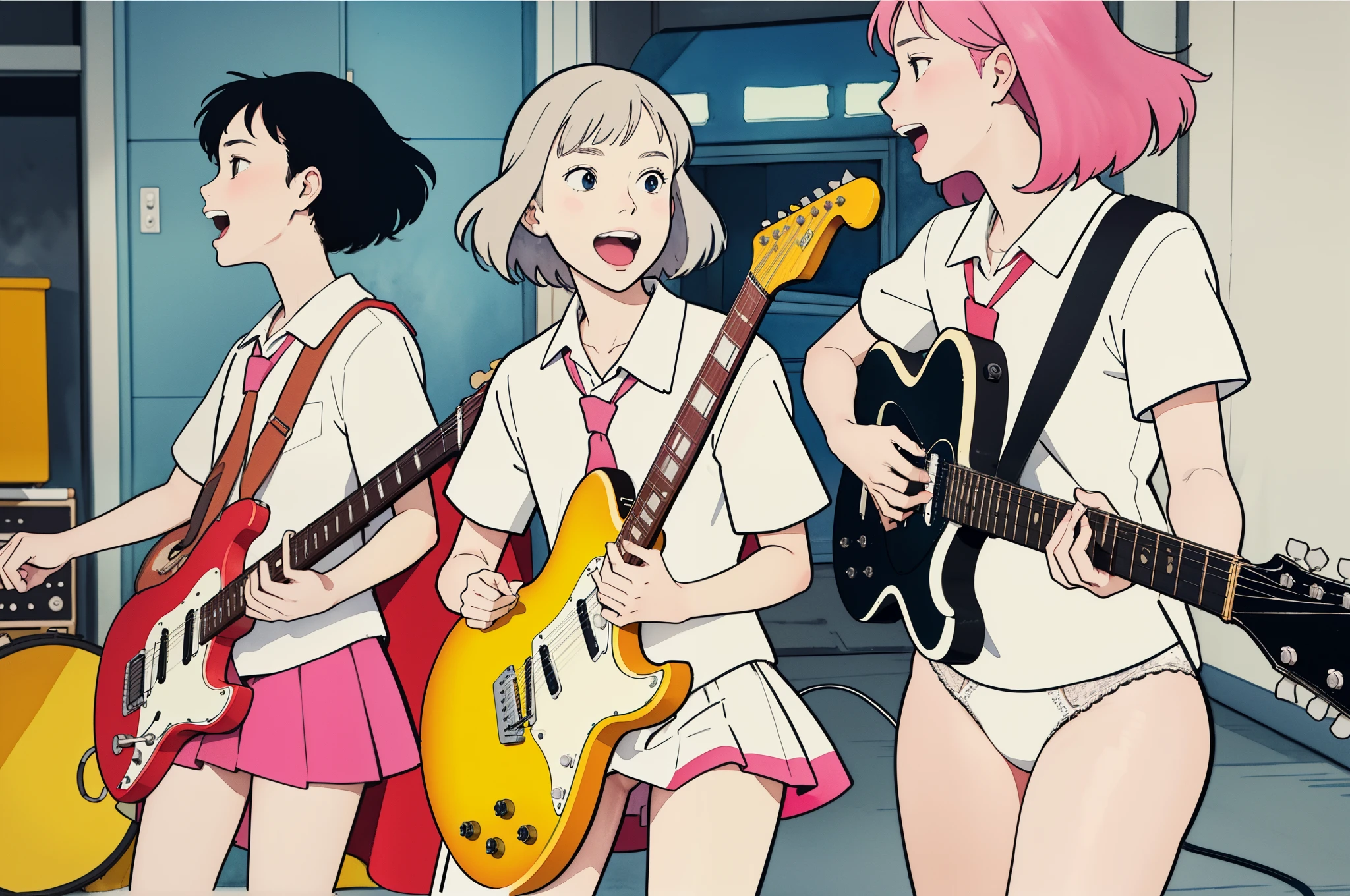 (superflat, flat shading, flat colors), (closeup), 3girls, 14yo, teen, rock band, (white panties), no skirt, school uniform, play electric guitars, in a garage, sing, having fun, bright, wide angle, vibrant colors, watercolor, ghibli style