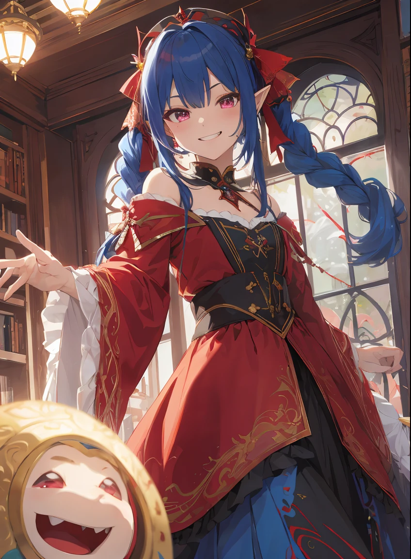 tmasterpiece, Best quality at best, high high quality, digitial painting,(Elf Girl,blue beautiful hair,glowing pink eyes,Long skirt in dark red color,slanted bangs,pigtails,double-ponytail,Twist braids)the lilies,magia,crystal, fine art, number art, magia, mistic, Ethereal, Unique style, Height texture, intricately details, Vibrant colors, ((j.r.r. Tolkien, Salvador Dali, Brian Frowder)), Huang Li, dynamicposes, vigilant attitude, doors, Fantasyart, magia, Aegis, hyper realisitc, symbol,ellegance, evil grin smile, Grinning,(Long skirt in dark red color,Crimson robe)