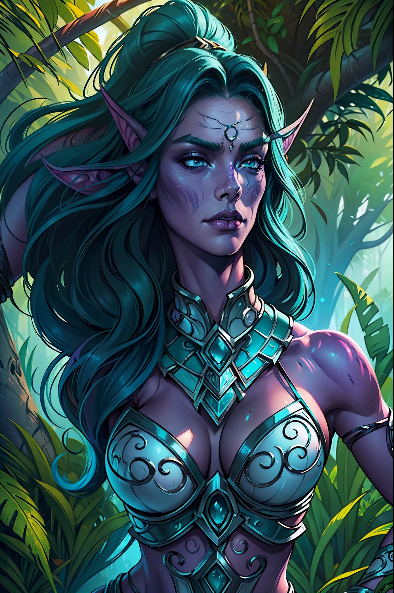 ultra high detailed illustration of a Tyrande Whisperwind wondering through jungle, giant black panther next to her, high quality, super quality, sharp details, high details, octane render, unreal engine 5.0 graphics, cinematic look, realistic, hyper-realism, {{{Warcraft}}}, warcraft character, nice slim body, perfect body, beautiful body, beautiful face, very nice face, very nice facial features, very detailed face, very detailed facial features, high detailed body, high detailed face, nice cloth, UHD, HD