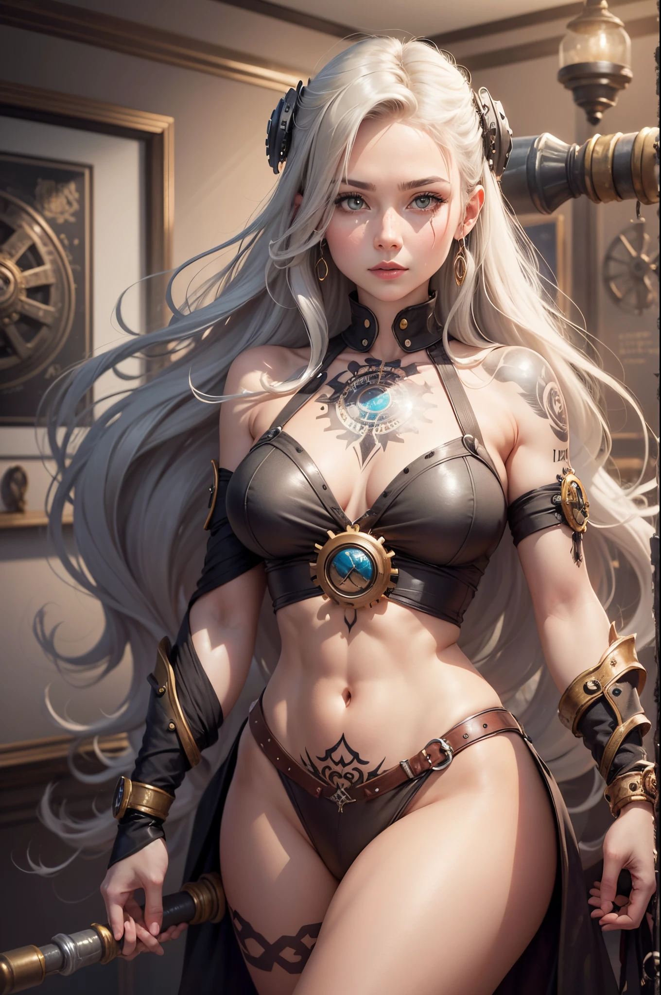 Please generate an imagine in a drawn fantasy-like art style for me. This image should contain parts of a strong human female that is around 40 years old and has grey-blond shoulder long hair. Focus on her arms and make sure that she has a tiny tattoo on one of her arm. The tattoo resembles a hammer and an anvil, both are encircled by a cogwheel. Make sure that this is actually not a tattoo and there is not a real hammer, anvil or cogwheel as part of the arm. Additionally, make sure that this is the only tattoo this person has. Picture her in a closed room. --auto --s2