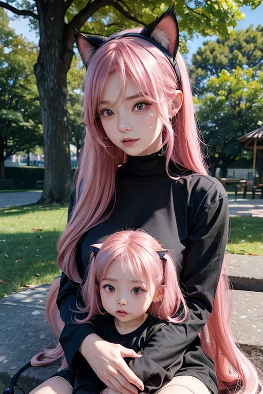 photo depcting moment of love between mother and child, in the park, 17 year old woman, long pink hair, cat ears, big breasts wearing black long sleeve shirt with belly out, holding 3 year old female child on your lap, long pink hair, wearing black t-shirt