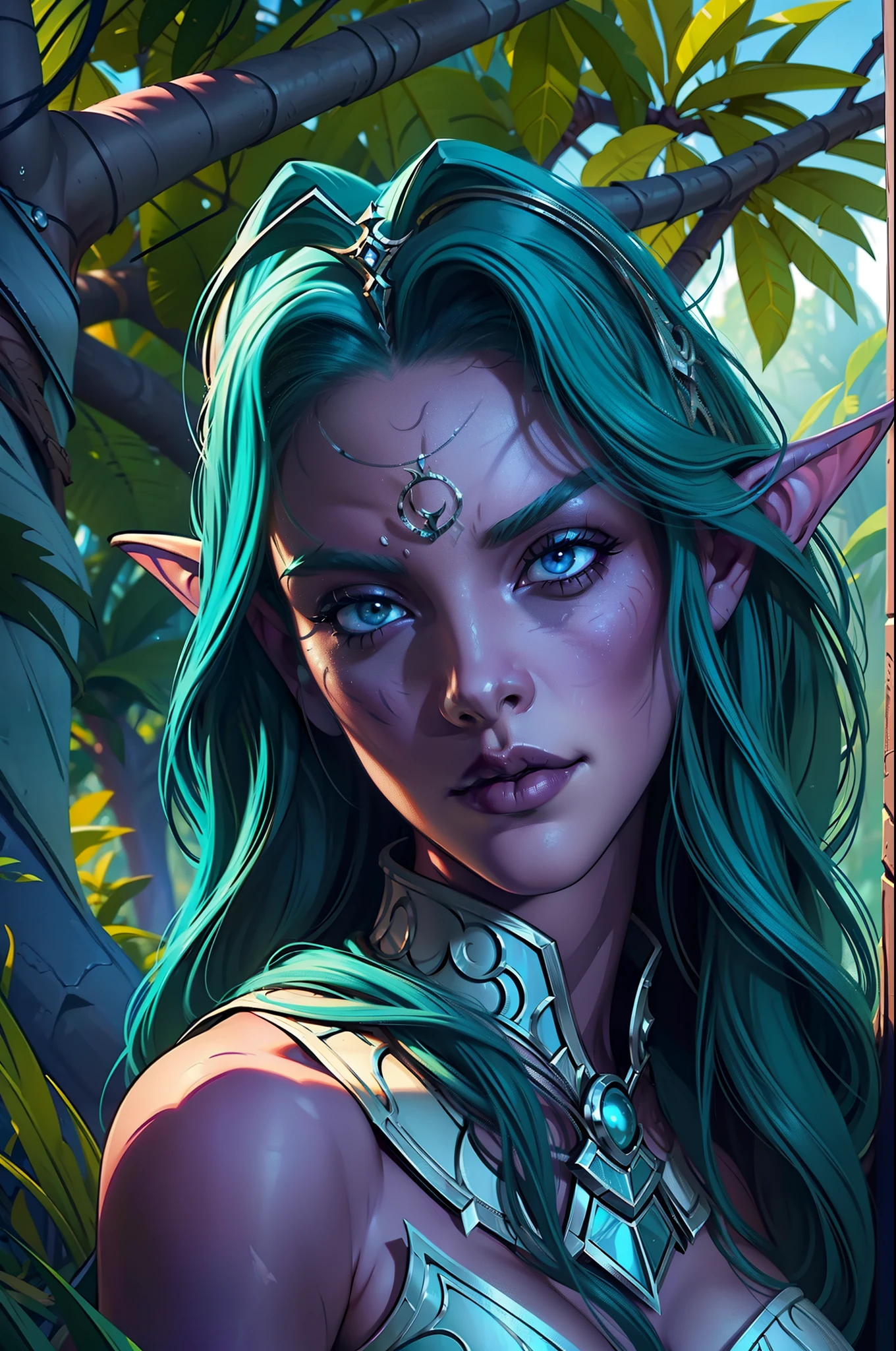 a close up of a woman with long hair and green hair, blue-skinned elf, attractive tiefling druid, detailed matte fantasy portrait, wow 4 k detail fantasy, hyperrealistic fantasy art, alluring tiefling druid, realistic fantasy artwork, hyperrealistic d & d fantasy art, beautiful female druid, world of warcraft elven druid, blue elf, beautiful wood elf --auto --s2