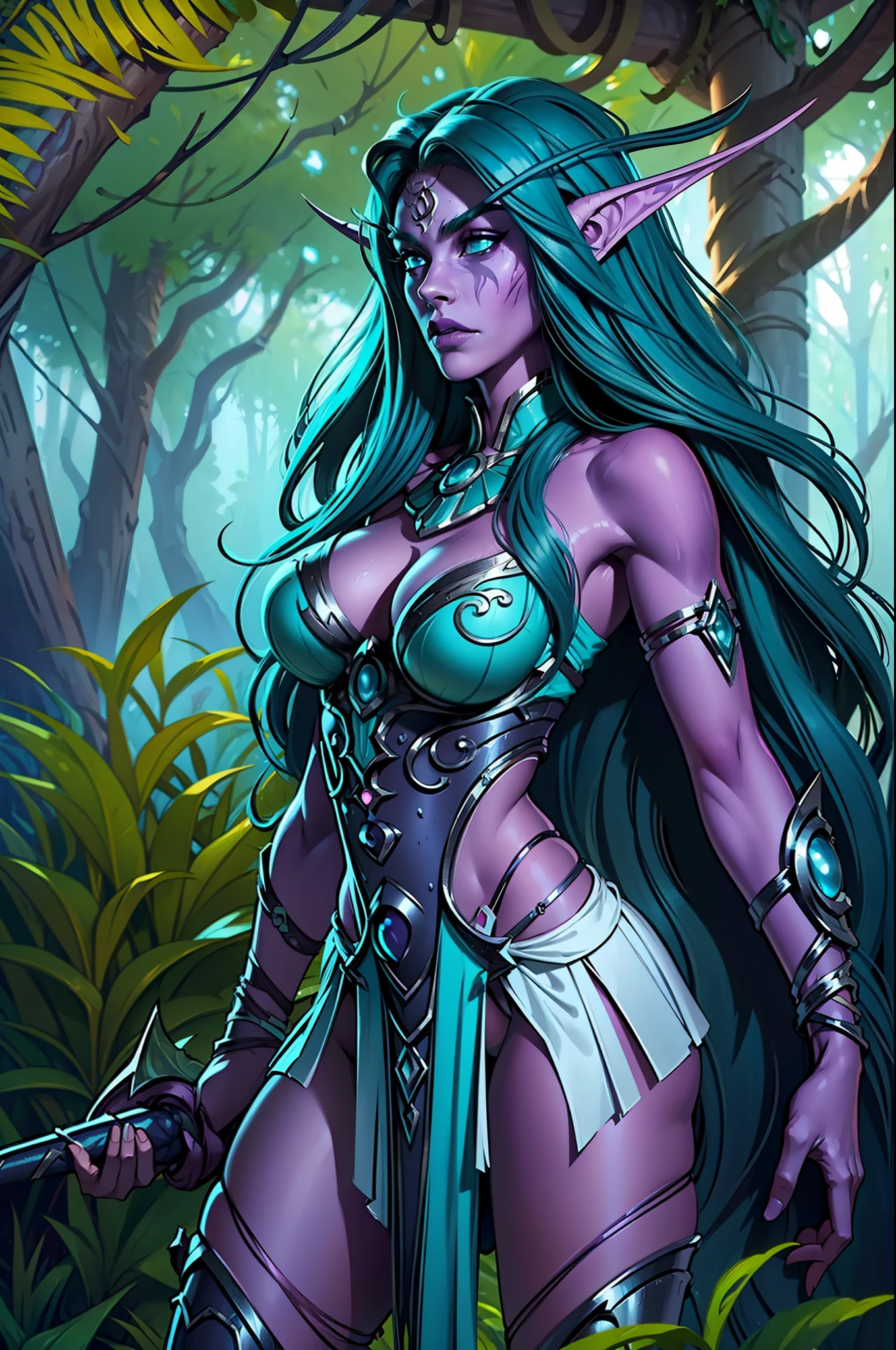 ultra high detailed 3d render of a Tyrande Whisperwind wondering through jungle, giant black panther next to her, high quality, super quality, sharp details, high details, octane render, unreal engine 5.0 graphics, cinematic look, realistic, hyper-realism, {{{Warcraft}}}, warcraft character, nice slim body, perfect body, beautiful body, beautiful face, very nice face, very nice facial features, very detailed face, very detailed facial features, high detailed body, high detailed face, nice cloth, UHD