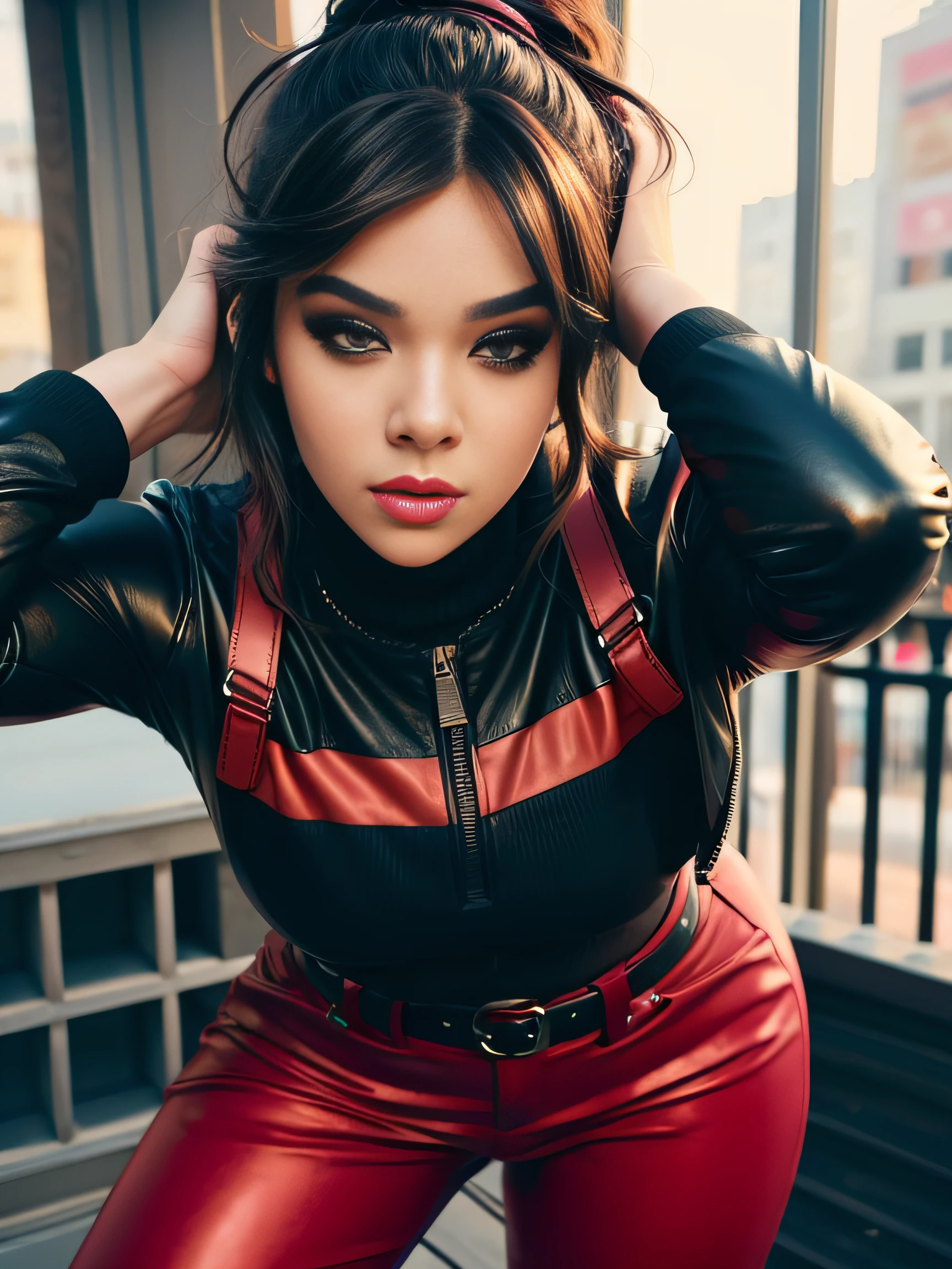 (La mejor calidad,realista:1),sexy, chaqueta color rojo, leather trousers, Ojos y labios detallados, Bold expression, refinado, Fondo futurista, Efecto humo, Strong lighting, Pintura ultrafina, profesional, erotic, foco nítido, vivid colors, perfect make-up, cinematic, realistic, tight hairstyle, high contrast, visually rich,piercing eyes, strong eyeliner, mesmerizing eyes, elegant, graceful, natural beauty, charismatic, versatile, photogenic, very detailed