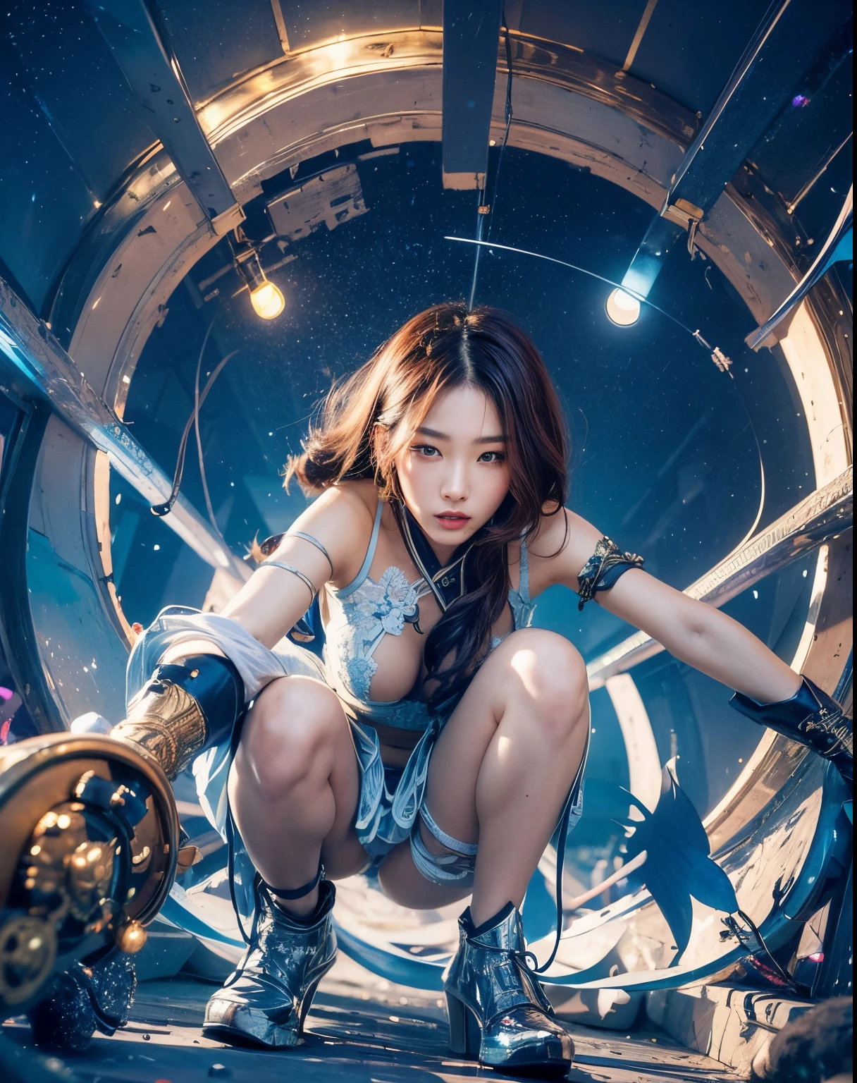 (Best quality, 8k, 32k, Masterpiece, UHD:1.2) "Produce a captivating art piece featuring a girl with a stylish bob haircut, illuminated by dramatic and cinematic lighting that accentuates the contours of her face and hair. Create an atmosphere that exudes intrigue and depth, with shadows and highlights playing a central role in defining the scene. The lighting should emphasize the girl's features and add an extra layer of drama to the composition, making it visually striking and evoking a sense of mystery and allure.", Lingerie, gorgeous chinese model, beautiful asian girl, young sensual graceful, beautiful feminine body, beautiful sexy woman photo, sexy body, lingerie, gorgeous young korean woman, japanese model, hot with shining sun, beautiful woman body, translucent body, elegant seducing pose, japanese goddess, spacewalk, stars, constilation