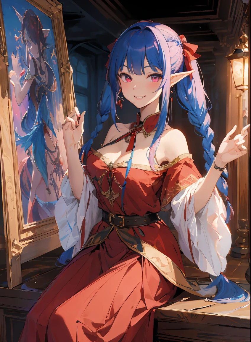 tmasterpiece, Best quality, high high quality, digitial painting,(Elf Girl,blue beautiful hair,glowing pink eyes,Long skirt in dark red color,slanted bangs,pigtails,double-ponytail,Twist braids)the lilies,magia,crystal, fine art, number art, magia, mistic, Ethereal, Unique style, Height texture, intricately details, vibrant with colors, ((j.r.r. Tolkien, Salvador Dali, Brian Frowder)), Huang Li, dynamicposes, vigilant attitude, doors, Fantasyart, magia, Aegis, hyper realisitc, symbol,ellegance, evil grin smile, Grinning,(Long skirt in dark red color,Crimson robe)