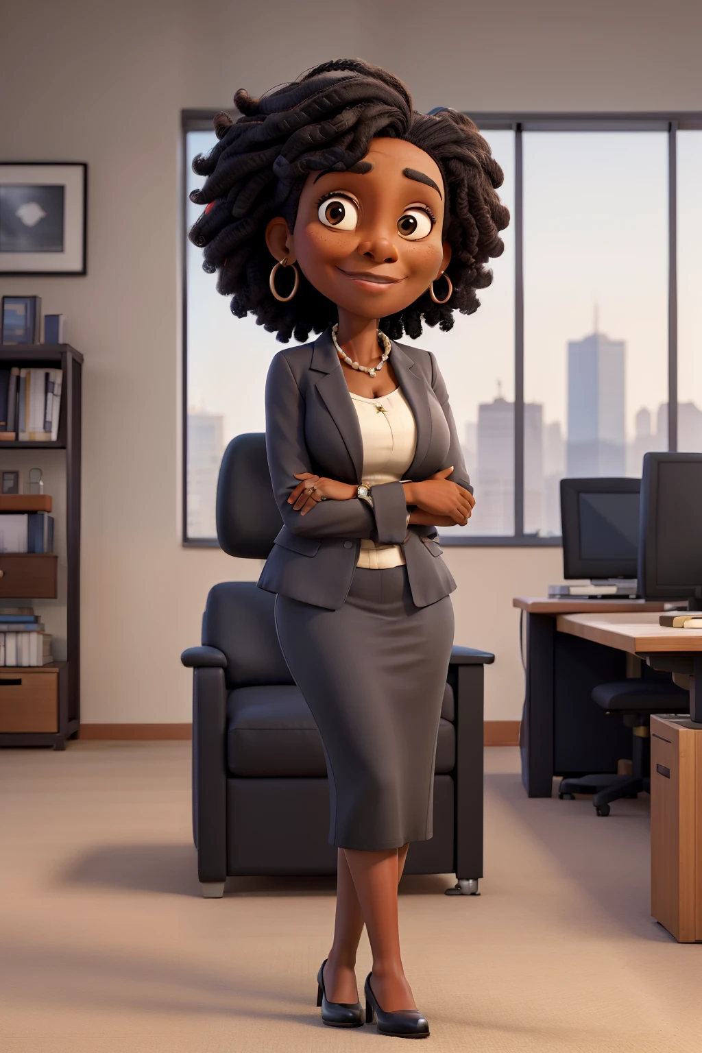 masterpiece, best quality ,Portrait of mid adult successful black mature woman looking at camera with arms crossed. Smiling african american business woman standing in new office .Portrait of mature woman.