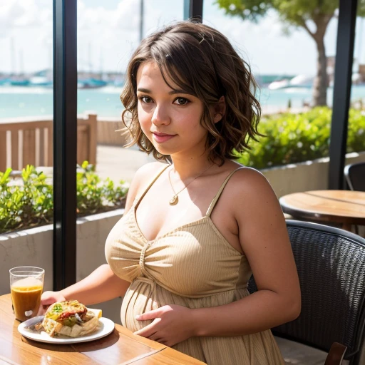 wavy hair, short hair, sundress, massively pregnant, cafe lunch, sitting at table,