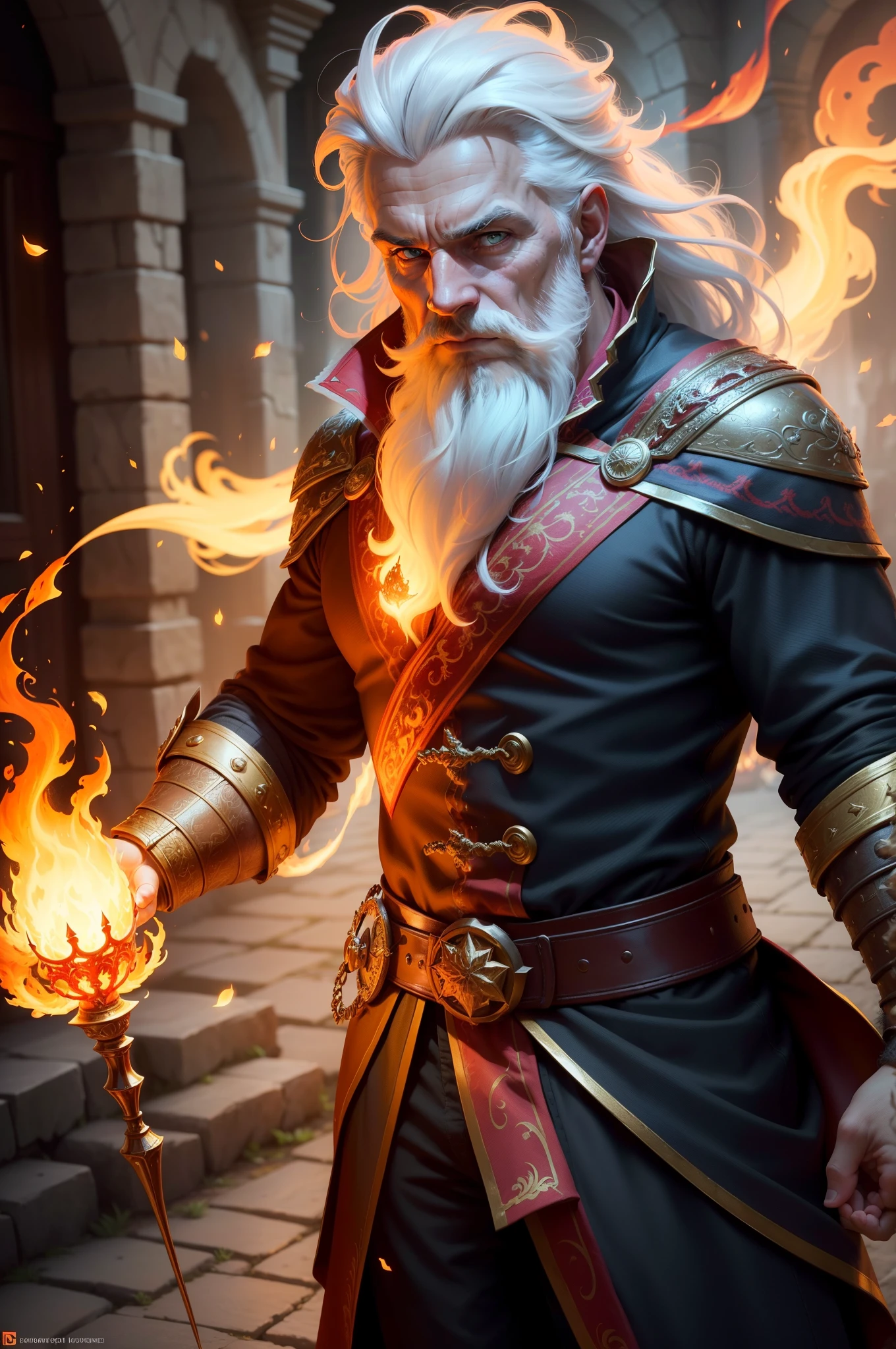 (a fiery, powerful, intense) fire mage, (middle-aged man, aged 30's, robust build) with (short, well-groomed) beard, (striking, distinctive) white hair, wearing (flowing, majestic) long red cape, (exuding, emanating) (an aura, vibes) of (mystic, enchanting) (gold, golden) and (blue) light, (holding, gripping) (a magical, an enchanted) staff in his hand. 

(best quality, 4k, highres, ultra-detailed), (realistic, photorealistic), (HDR), (sharp focus), (vivid colors), (physically-based rendering), (professional), (portraits), (concept artists)