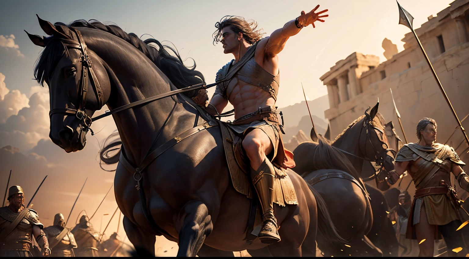 Very detailed, full color, full body photograph of a centaur.:1.2, standing, high, short brown hair, gauntlets, showing chest, body hair, detailed muscular physique, Realistic representation, 4k resolution. below: greek temple, ruined temple, 32k UHD, Best Quality, masterpiece,