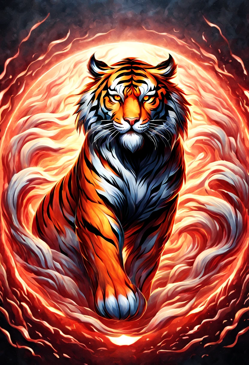 a tiger with a circular design on its face, with a circular background, vector art by Shen Zhou, shutterstock, digital art, digital art highly detailed, high definition background, ((tiger)), tiger of fire flying, digital painting highly detailed, high quality hd digital art, digital art. highly detailed, hd vector art, digital art highly-detailed