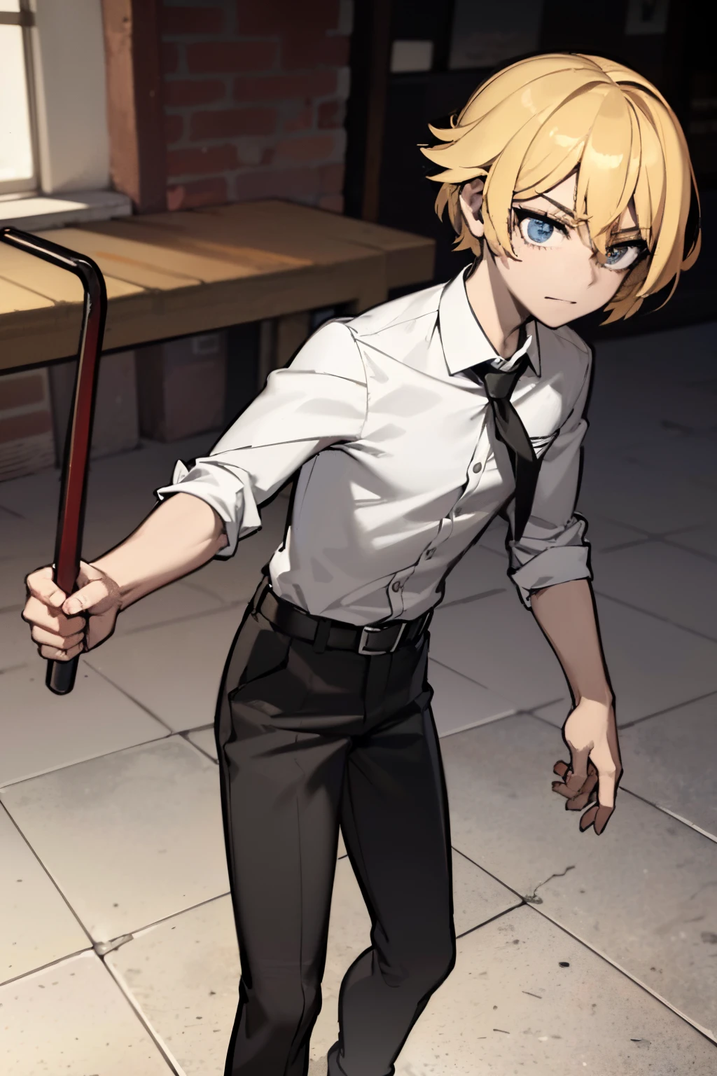 masterpiece, best quality, highres, young man, male gender, black tie, white shirt, collared shirt, rolled up sleeve, black pants, belt, bob haircut, messy hair, blond hair, holding a crowbar, 4k, masterpiece