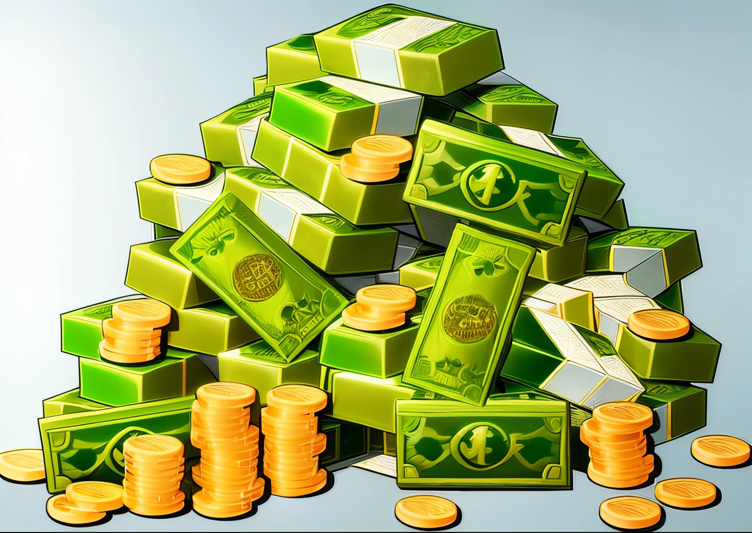 a pile of money and coins with a dollar sign on top, piles of money, piles of gold coins, bags of money, stacks, with piles of coins around it, money, cash, made of money, wealthy, wealth, with many gold coins, lowres, very stylized, raining dollars, 🔞🤡, game asset, very very very rich