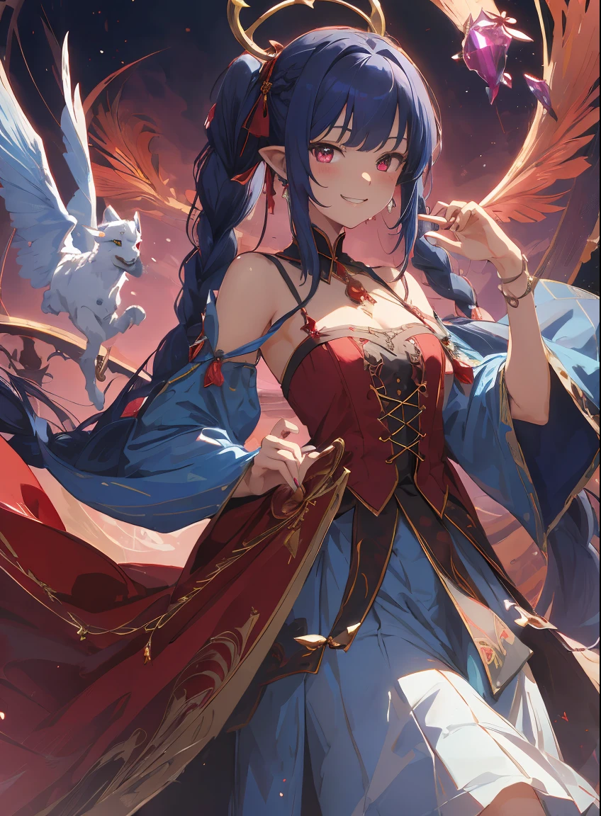 tmasterpiece, Best quality, high high quality, digitial painting,(Elf Girl,blue beautiful hair,glowing pink eyes,Long skirt in dark red color,slanted bangs,pigtails,double-ponytail,Twist braids)the lilies,magia,crystal, fine art, number art, magia, mistic, Ethereal, Unique style, Height texture, intricately details, Vibrant colors, ((j.r.r. Tolkien, Salvador Dali, Brian Frowder)), Huang Li, dynamicposes, vigilant attitude, doors, Fantasyart, magia, Aegis, hyper realisitc, symbol,ellegance, evil grin smile, Grinning,(Long skirt in dark red color,Crimson robe)