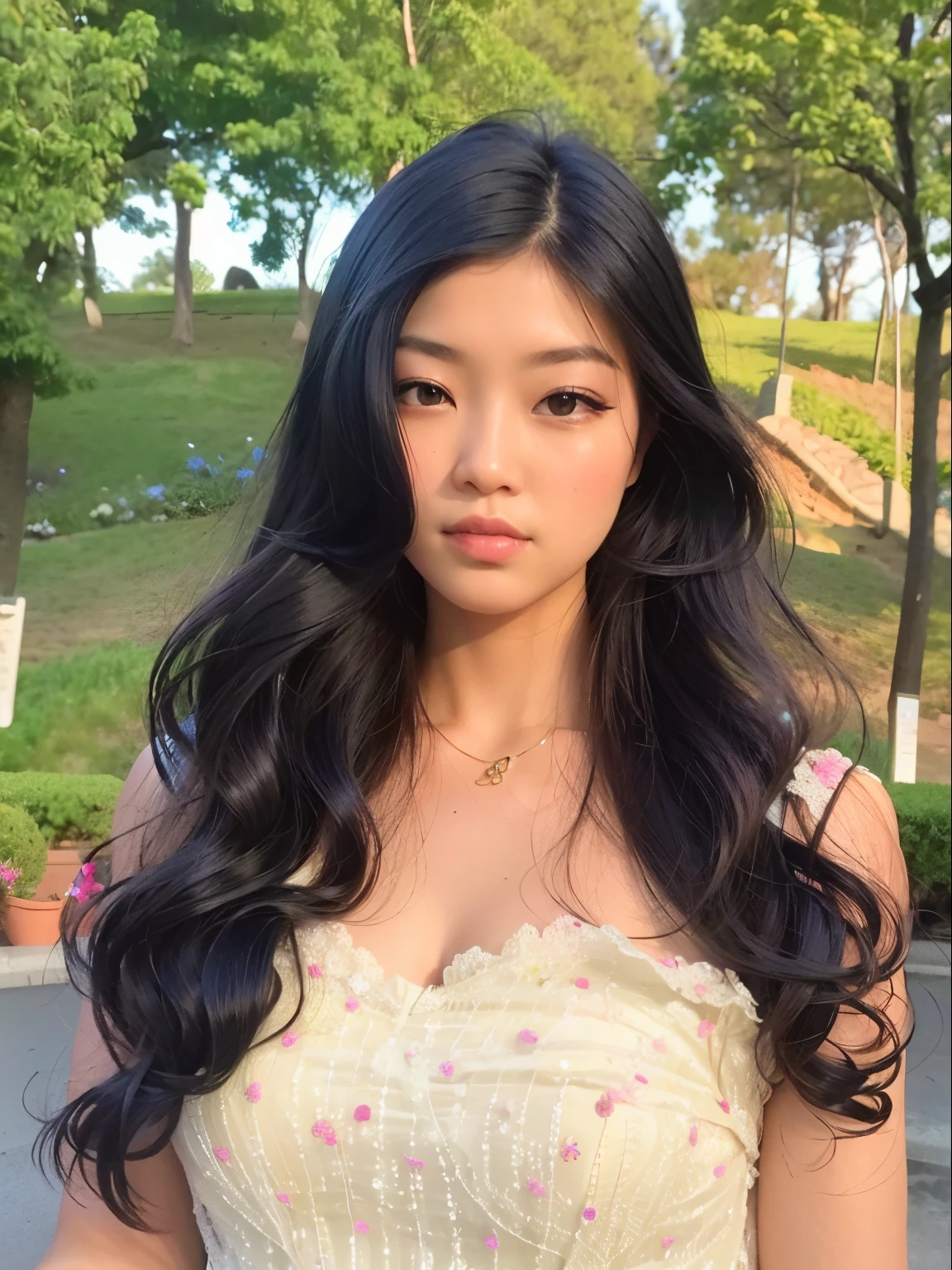 um close up de uma mulher com cabelo comprido usando um vestido, Asian girl with long hair, cabelos pretos longos ondulados, com cabelos longos e olhos penetrantes, large eyes and flowing long hair, ondulado longo - comprimento cabelo preto, longos cabelos negros ondulados, asian features, linda mulher coreana jovem, com cabelos longos, Mulher sul-coreana bonita, Beautiful Asian girl, cabelo preto ondulado