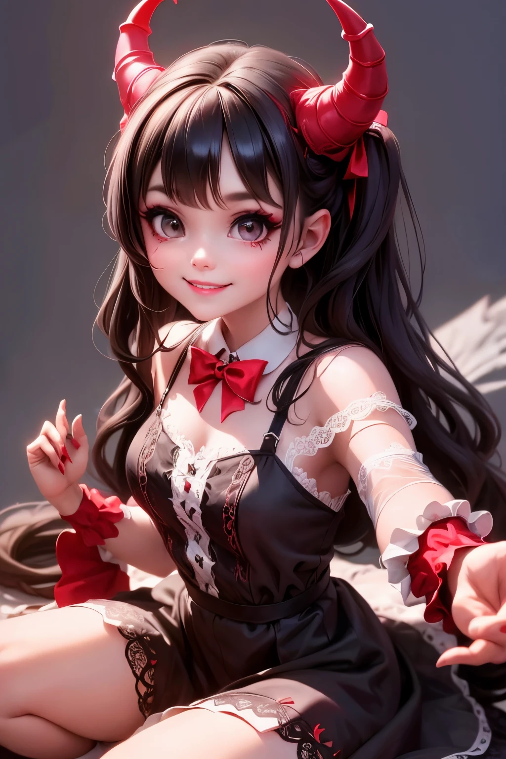 a (horned demon girl) smiling, wearing a lace cloth dress, black hair, red smokey eyes makeup, hair accesories, playful pose of a dancer, (((sfw)))