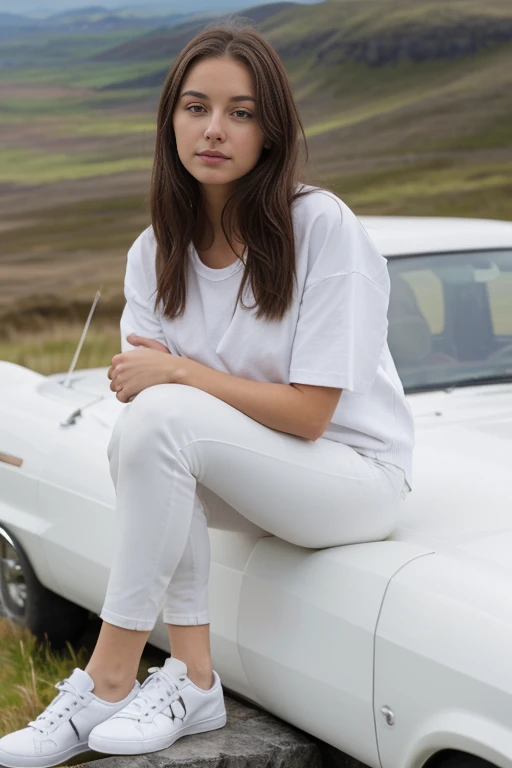 {{A realistic representation of a beautiful woman}} in close-up with white skin, brown hair, brown eyes, wearing a long white t-shirt, over it a black leather jacket, black pants and white shoes, posing casually. He should have no deformities in his clothing, no deformities in his hands, feet or body. The woman poses next to an impeccable Ferrari without deformities. He poses on top of the Ferrari hood. The background shows a moorland landscape without deformities. This is a high quality, high resolution photograph, emphasizing good lighting and details. The image must capture the elegance of the model and the beauty of the Ferrari in a natural environment.