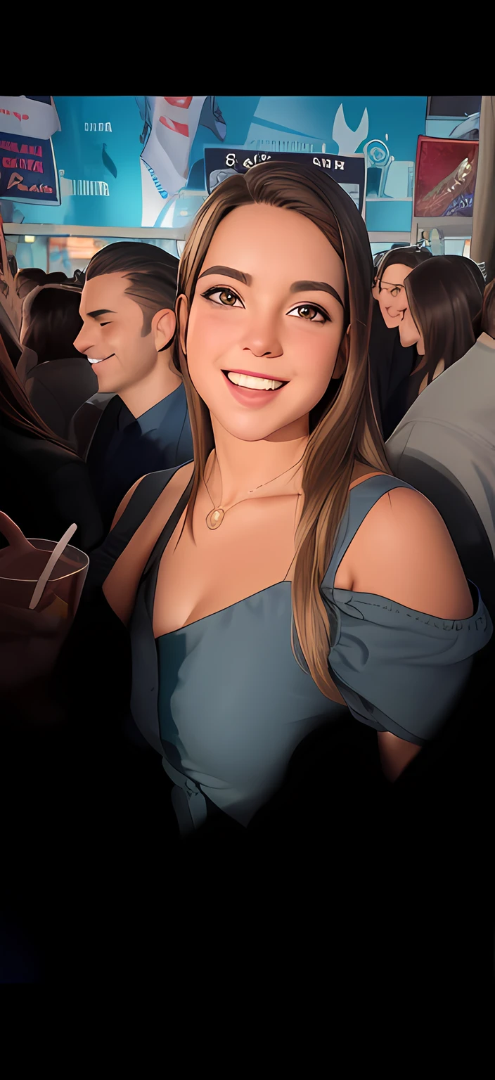 there is a woman standing in the crowd with a cell phone, she is smiling and excited, She is grinning, ela tem um rosto bonito, grande sorriso em seu rosto, imagem de qualidade muito baixa, foto de baixa qualidade, dancing in the background, na festa, she is smiling and happy, Lorena Avarez, fotografia tirada em 2 0 2 0
