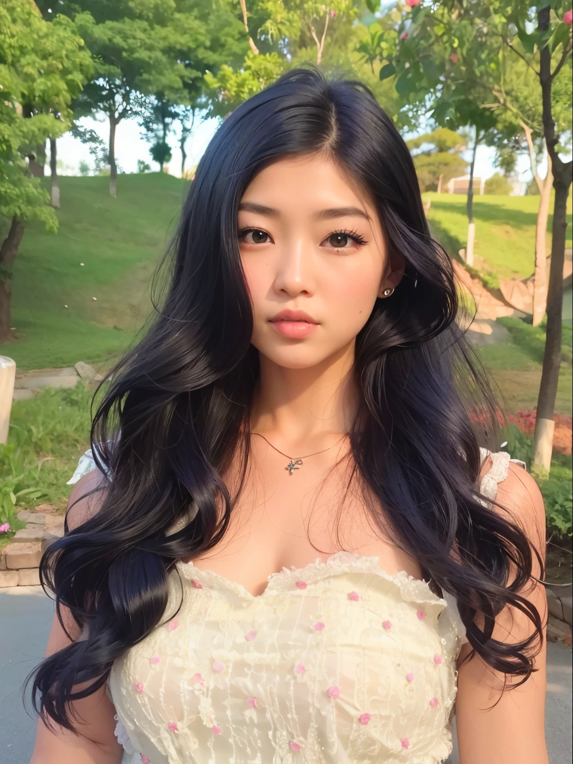 um close up de uma mulher com cabelo comprido usando um vestido, Asian girl with long hair, cabelos pretos longos ondulados, com cabelos longos e olhos penetrantes, large eyes and flowing long hair, ondulado longo - comprimento cabelo preto, longos cabelos negros ondulados, asian features, linda mulher coreana jovem, com cabelos longos, Mulher sul-coreana bonita, Beautiful Asian girl, cabelo preto ondulado
