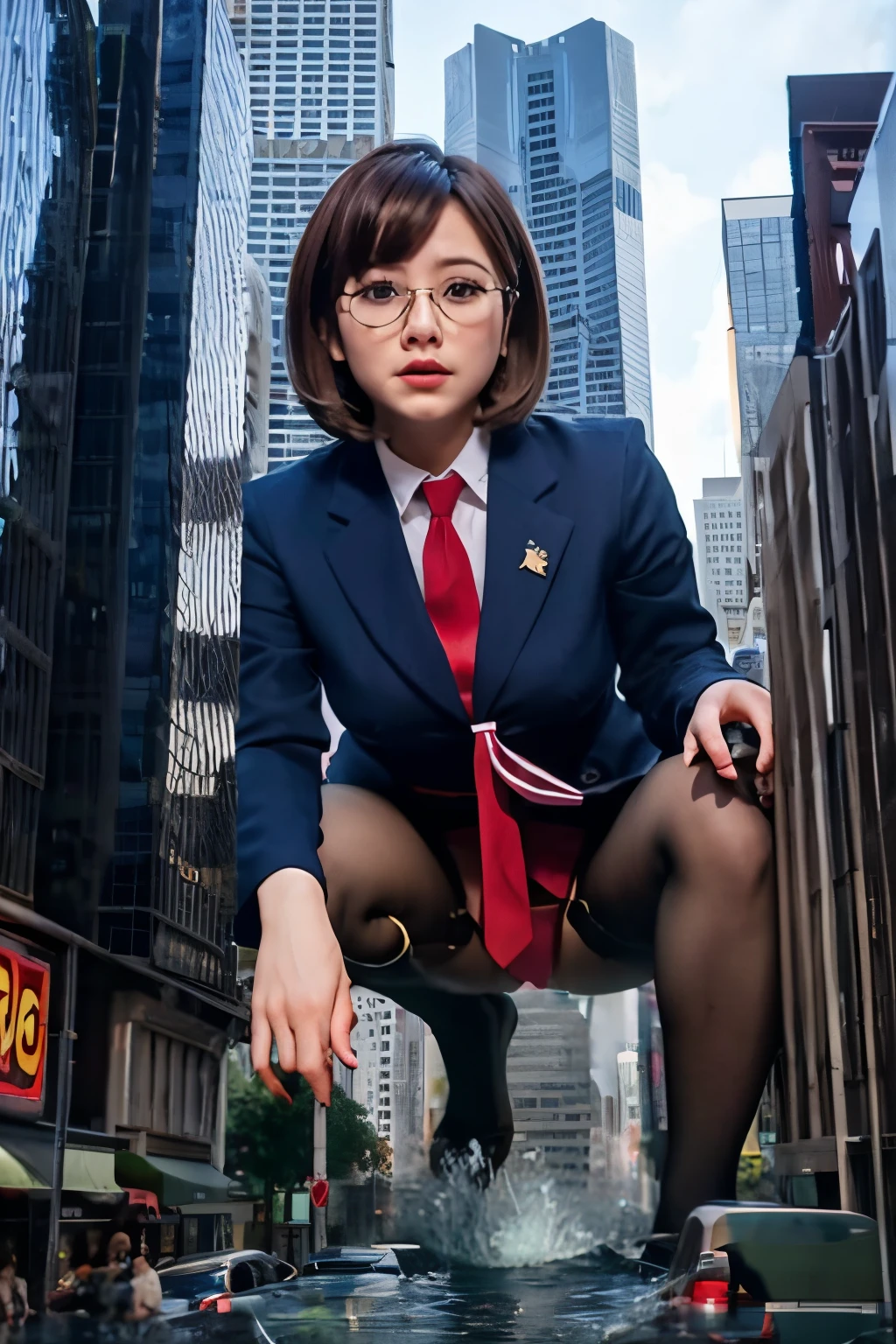 giantess art, a hyperrealistic schoolgirl, , highly detailed giantess shot, der riese, Shorthair, Black pantyhose, Giant high school girl much bigger than a skyscraper。Wearing rimless glasses。Colossal tits。Navy blue blazer、Red tie、Mini Length Skirt、Black pantyhose、I'm not wearing shoes.。very small metropolis。miniature metropolis。In a miniature metropolis just a few feet tall.、squatting and urinating。The city is drowning in urine。Full body depiction。gigagts, der riese, Black pantyhose, Pantyhose legs, Pantyhose feet, ,crash city,Small town,micro city, Peeing,