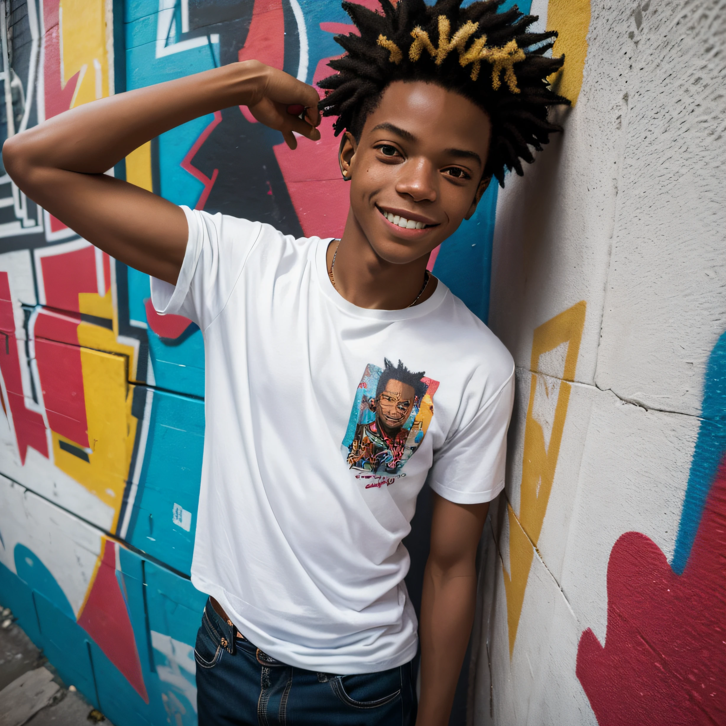 A striking and unique image of Basquiat, dressed in a white t-shirt and surrounded by a colorful urban landscape of graffiti. The light smile on his face adds a touch of warmth and humanity to the otherwise gritty and socially conscious scene. The depth of field and fisheye lens create a visually stunning composition, while the anatomically correct rendering and textured skin add a level of detail that is unmatched. This high-quality image is sure to make a statement and leave a lasting impression.