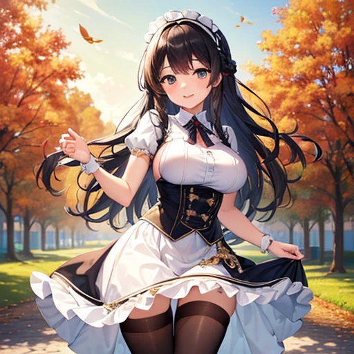 ((masterpiece,best quality)), highres, extremely detailed 8K wallpaper, big boobs, cheerful, greeting, morning, smile, white frilly dress, mini skirt, smiling face, tights, fascinator, braid, black hair, sunny, from front, autumn, sunshine,