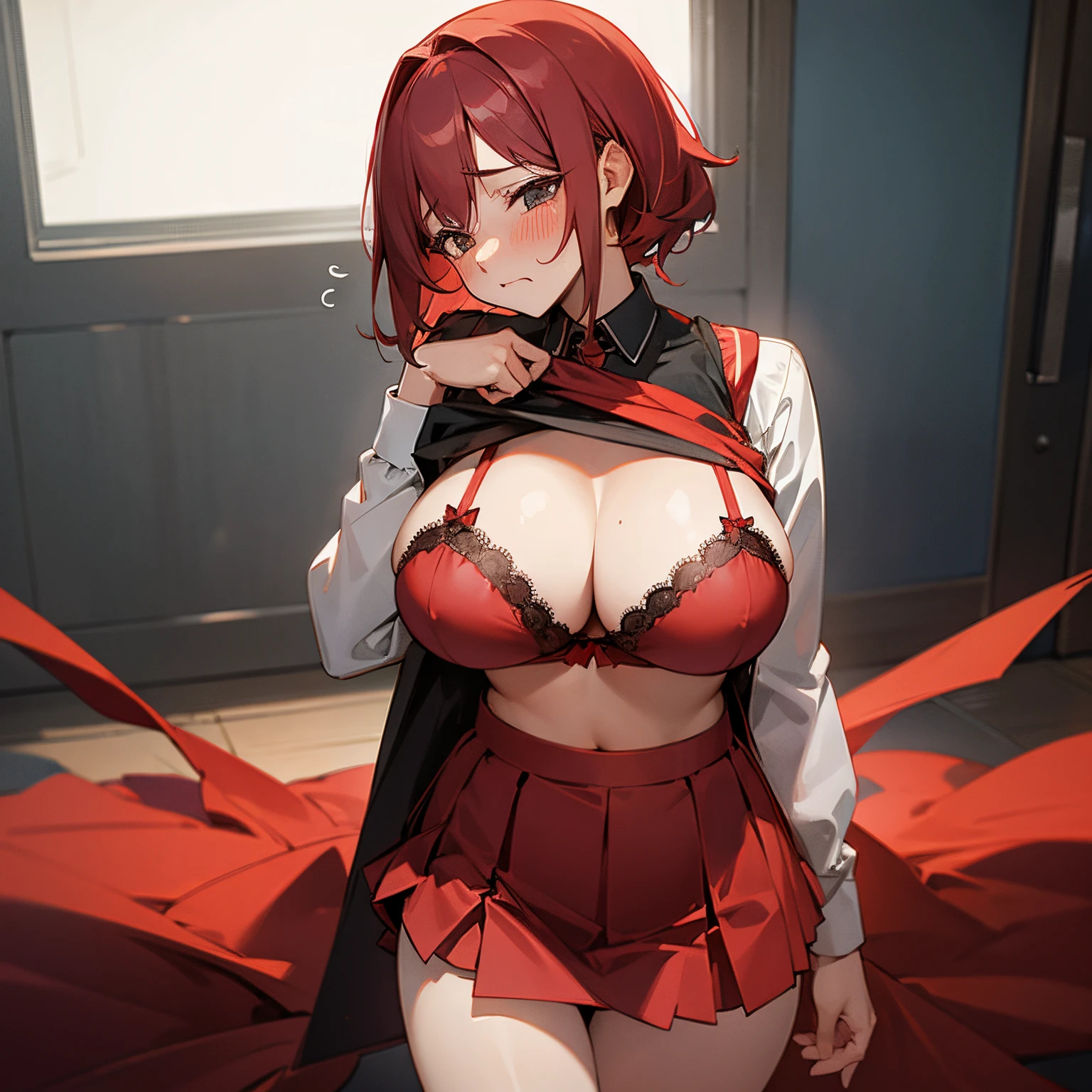 Panties_to_the_side, lifting skirt, embarrassed face, big breast, red bra, red panties