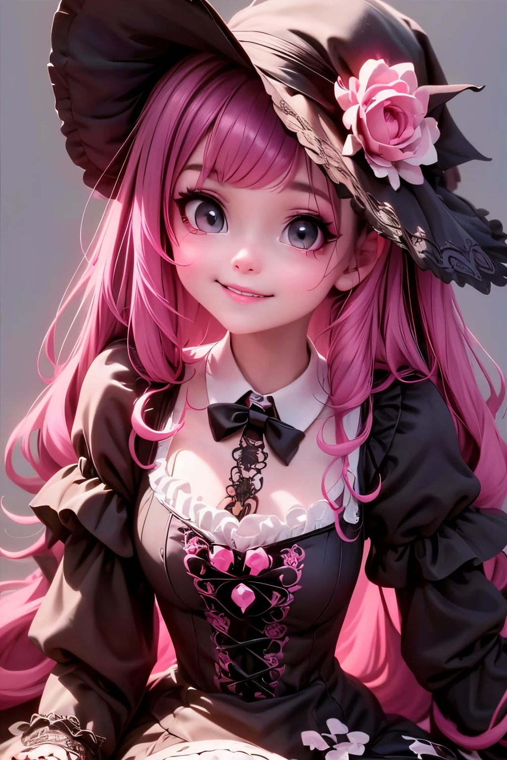 a close up of a (demon girl) smiling in a black lace outfit, frilly outfit, witchcore clothes, fantasy outfit, lolita style, cutecore clowncore, fairycore, style of magical girl, goth girl, cutecore, loli, 1 7 -  - old me goth girl