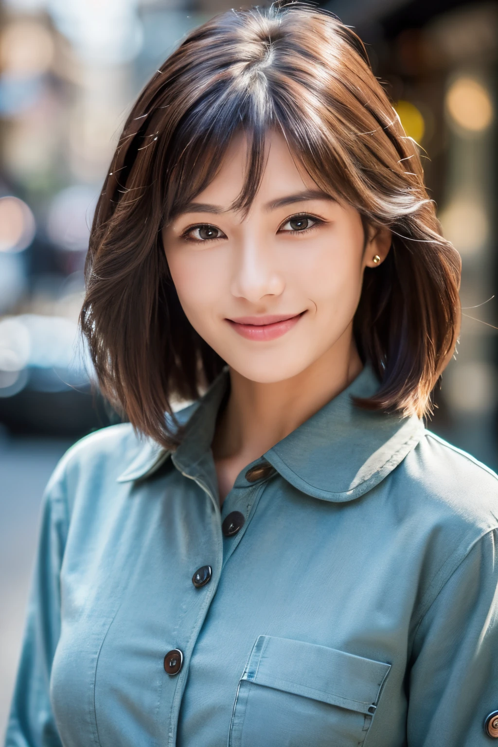 ((Best Quality, 8K, Masterpiece: 1.3)), Sharp Focus: 1.2, A Beautiful Woman: 1.4, Slim Abs: 1.2, (Layered Hairstyle,: 1.2)), (Button Long Shirt: 1.3), Street: 1.2, realistic Face and Skin Texture, Detailed Eyes, Double Eyelids, slim, Smile, in a coffee shop, asian