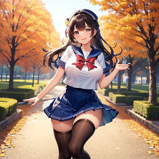 ((masterpiece,best quality)), highres, extremely detailed 8K wallpaper, ｂig boobs, cheerful, greeting, morning, smile, sailor uniform, mini skirt, smiling face, tights, fascinator, braid, sunny, from front,　autumn, sunshine,