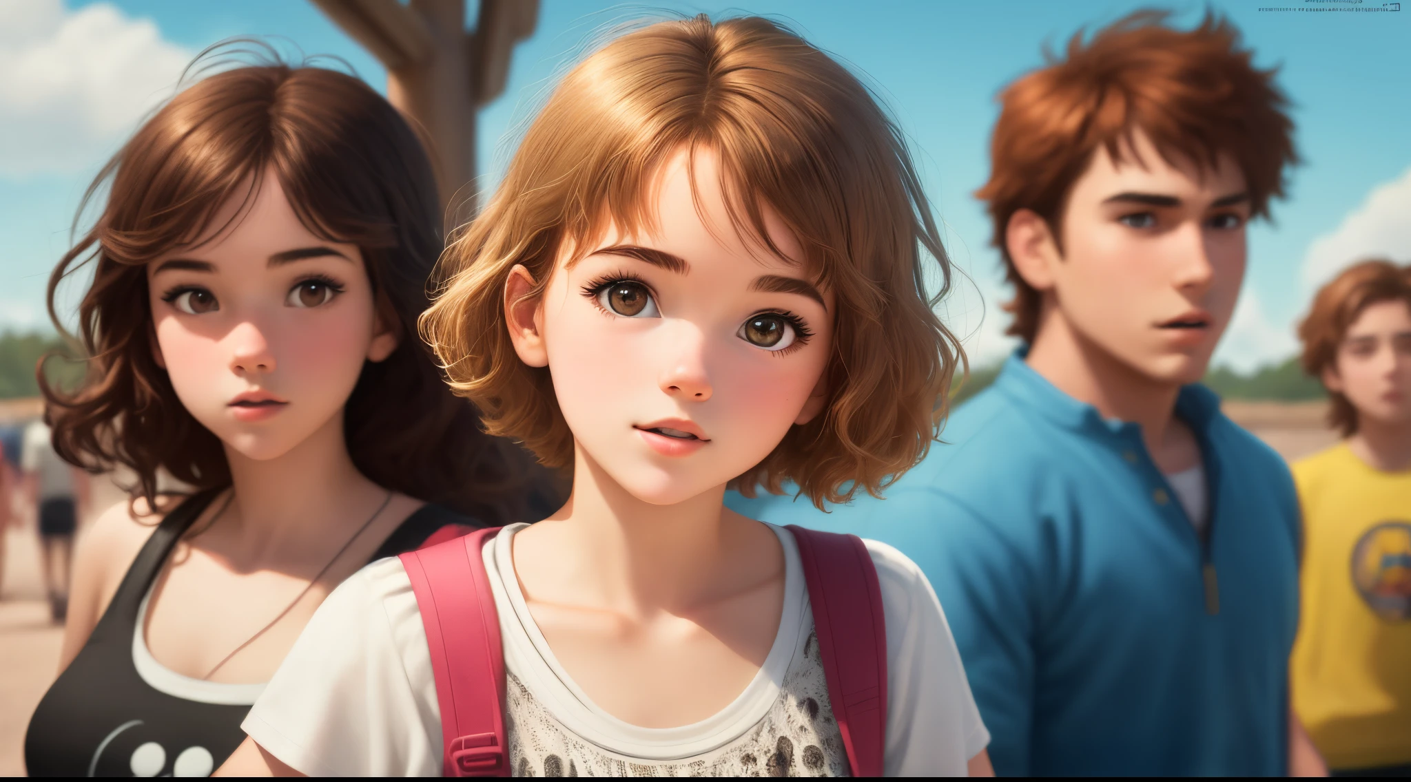 create Disney Pixar inspired movie posters. The main focus is a pretty 14 year old girl with brown hair with blonde streaks here and there in her hair and big brown eyes wearing a grungy outfit. the scene should be in the distinct digital art style of Pixar include the movie title, the title should be “My sunshine”