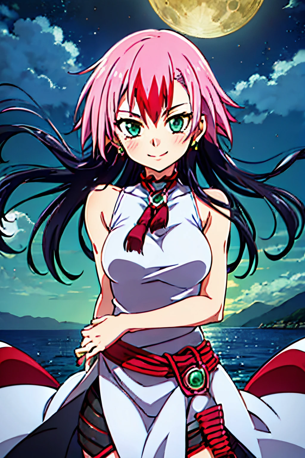 LUNA, TWO-TONE HAIR, BLACK HAIR, PINK HAIR, WHITE DRESS, THIGH BOOTS,SLEEVELESS, 1girl, solo, upper body, facing viewer, looking at viewer, smile,