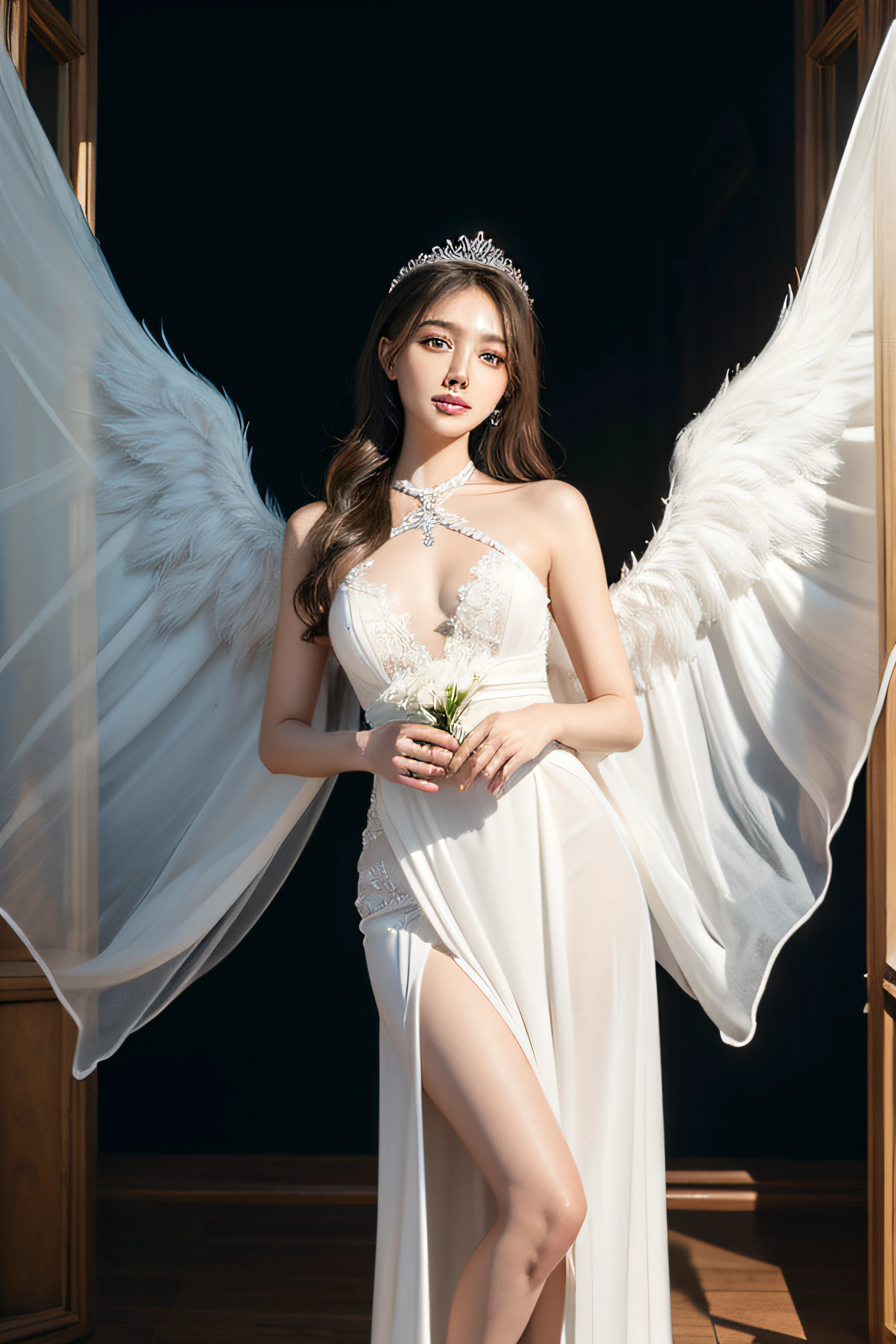 Dressed up with winged cute angel, wearing a beautiful garland on the head, symmetrical white feather material simulation of huge wings, exquisite details, portrait, breasts, outdoors, ancient buildings, tall stone pillars, stone railings, a 25-year-old woman named Yiping in the ancient castle: 2, eyes looking at the camera, natural expression, posture do not stiff, curly wavy long hair, white dress long dress, the same character, various poses, different angles, rich skin details: 1.5,