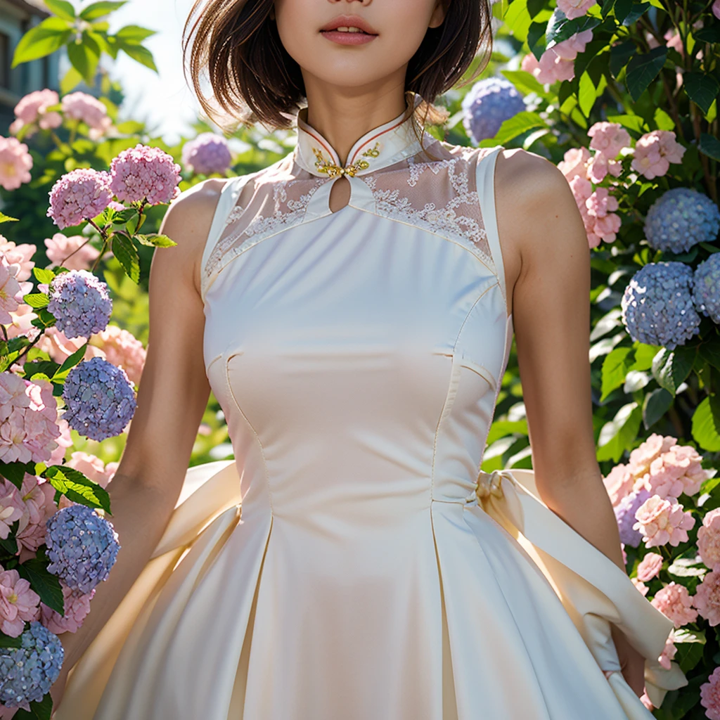 (masterpiece), best quality, high resolution, ultra-detailed, character close-up, a Chinese style white beautiful dress, Chinese elegant dress, exquisite details, cheongsam beautiful and elegant, colorful and lustrous, dress floating, dramatic angle, close natural (close-up), koi, warm colors like sunlight focus Personal warm, champagne, details are highlighted, extra long ribbon, Open, full body, many detailed elements, pink petals, sunlight on the skin, glorious, hairpins, hydrangeas, boudoirs.