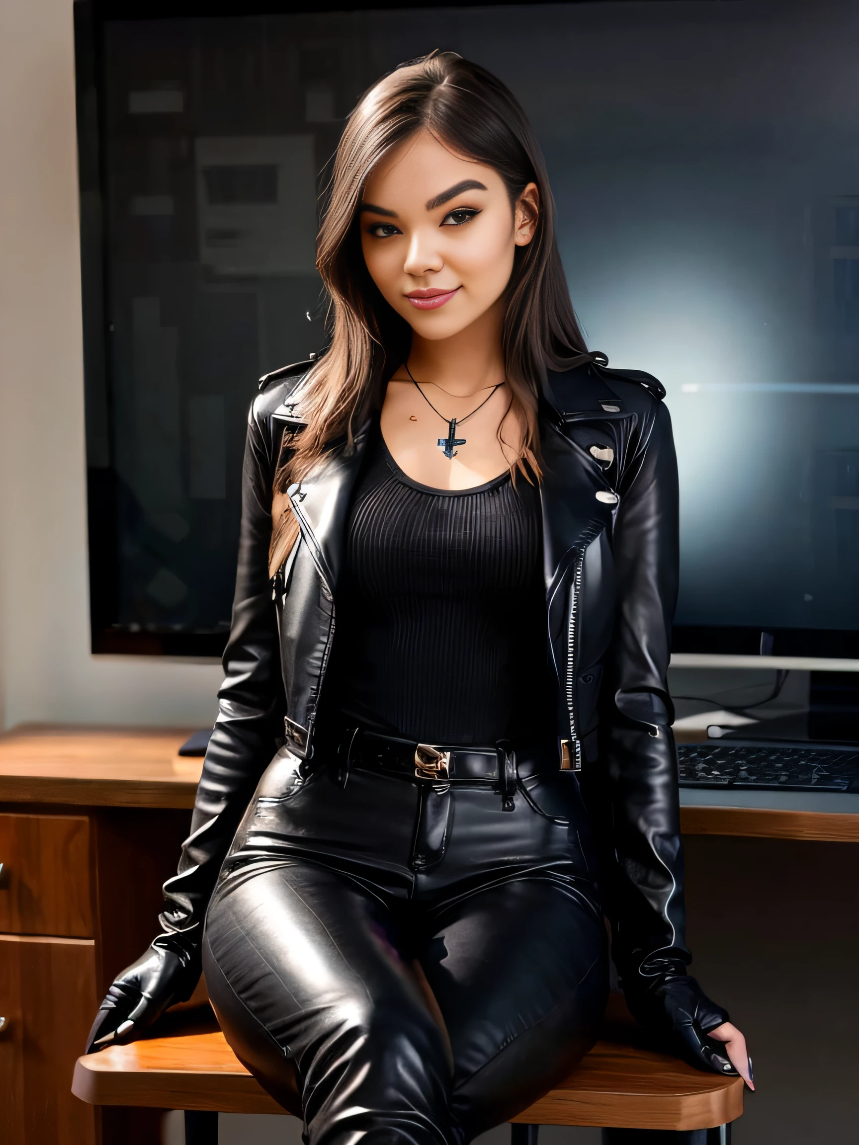 ultra‐realistic, masterpiece, (glow:1.2), realistic body proportion, head‐to‐thigh focused, a beautiful 23 year old porn star sitting in a living room, she is a mixed ethnicity of Filipino and Korean, a body with golden proportion, sexy pose with jacket half-worn, seductive lips, (wearing a ZARA polished black leather bomber jacket over a completely topless body:1.4), jacket with silver zipper, black long tight pants, medium-length brown hair blocking her left eye, natural-tan skin