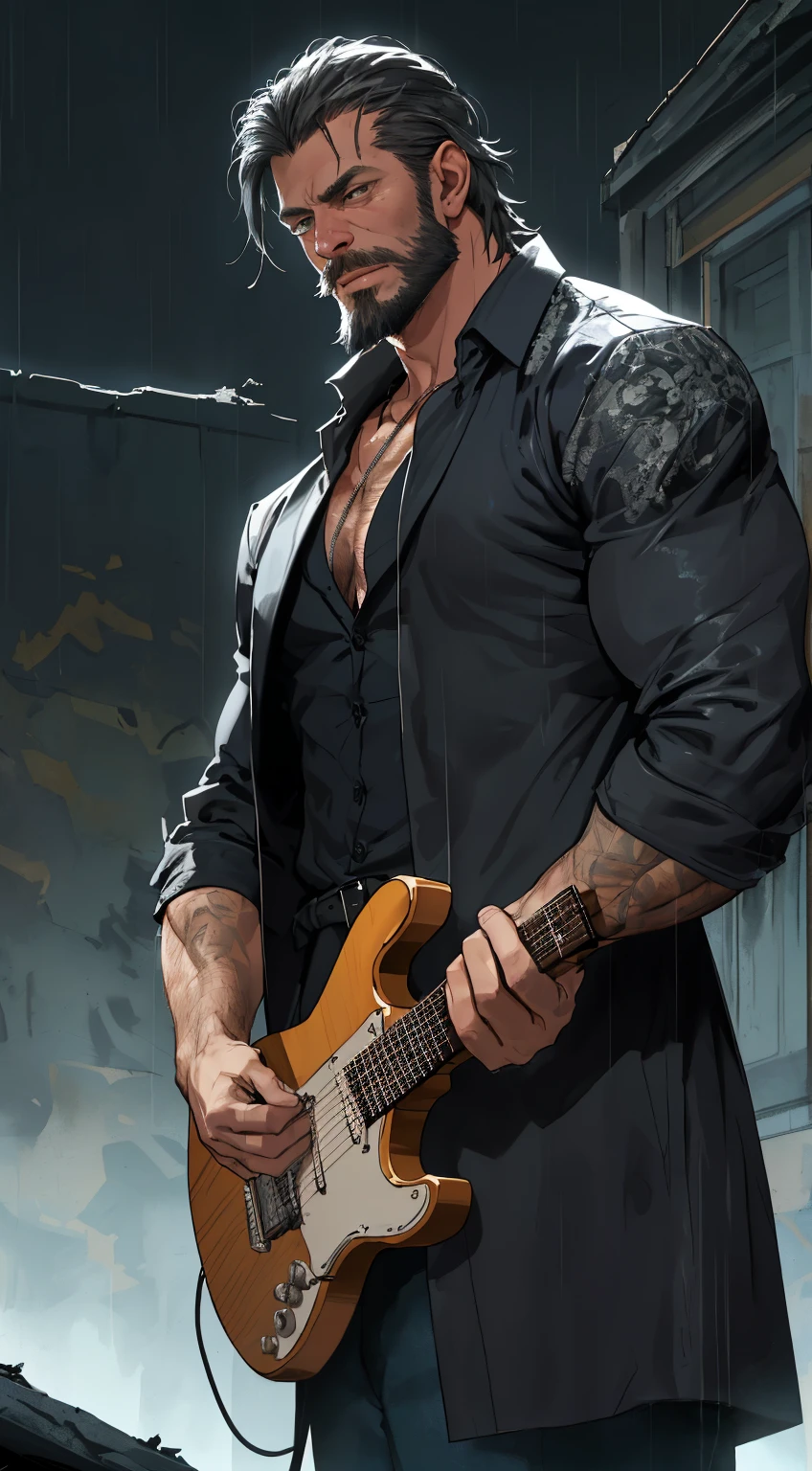 There is a man playing the electric guitar on room of ruin, it rains and smoky, dark midnight blue neon foggy sky, broken glass fence frame, bonfire of drums are there, he gets wet in the rain, droplets, gigachad muscles, wearing a shoulder-padded dark deep green trench coat, wearing black dress shirt as inner, muscular men , male art, Eric Clapton, Commission for high resolution, Very heavy vignette!!!,hard ,Nothing is worn, slight laugh,veiny muscles,,shaggy lumpy body,Silver Plate Tag Necklace,Dad with extreme muscle mass,Black little long shaved side hair,Cropped beard face, little laugh, Around 50 years old,tanned brown skin,ultra-detailliert,High quality,Realistic and smooth skin texture,Photorealistic Dandy Guy,Light and shadow