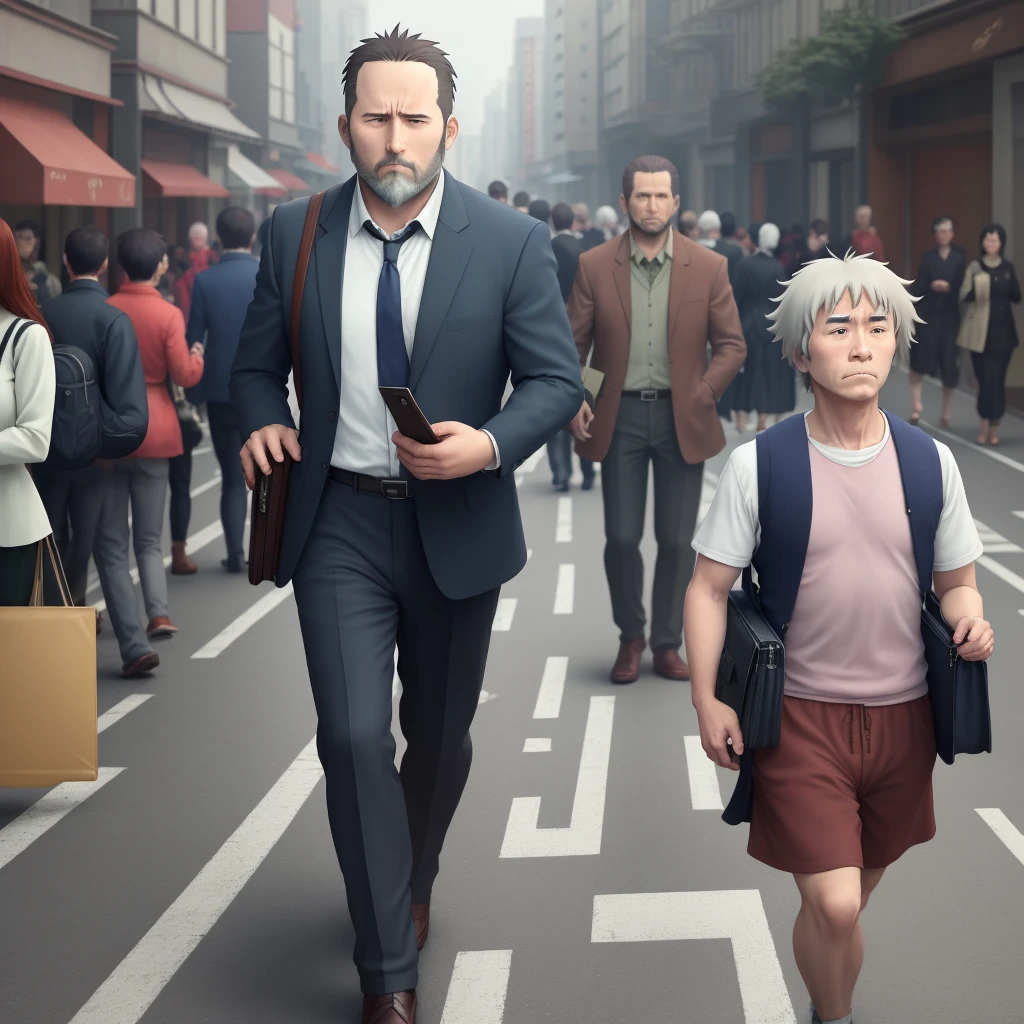 in style of hayao miyazaki，A 40-year-old man，Holding a briefcase，walk on busy street，Looks very depressed