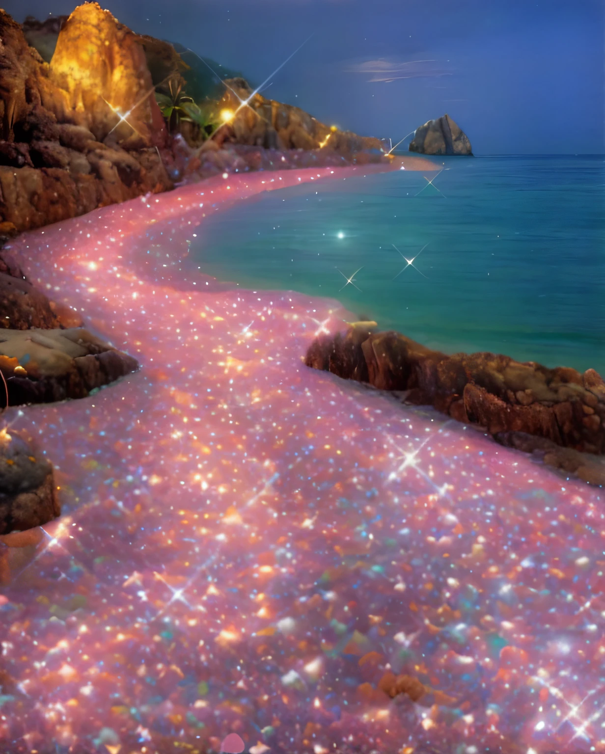 a close-up of a beach with lots of rocks and water, magical beach, enseada espumante, magical sparkling lake, very magical and dreamy, magical ocean, beautiful dreamy breathtaking, glowing crystals on the ground, pink jellyfish everywhere, a paradise like a fairyland, paisagem do mar da fantasia, magical dream-like atmosphere, heaven pink, fantasia ultra detalhada, Magical Glow