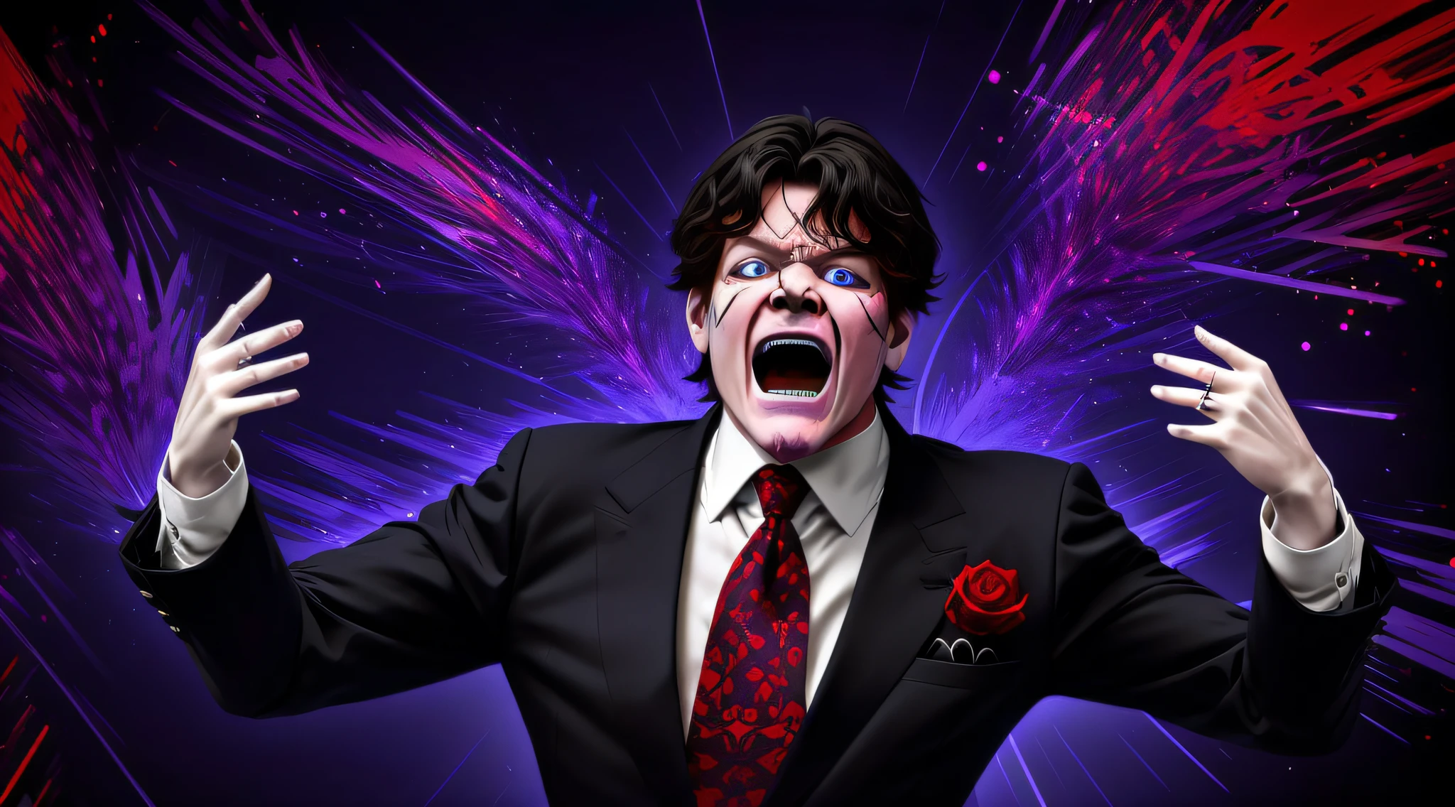 arafed image of a  demon man in a suit and tie with his hands up, he is screaming to hell, javier milei face, demom man screaming, mad man screaming demon, meme template, inspired by hell , the demon man is screaming and sad, render, yawning, marvano, unbiased render, hell background video still