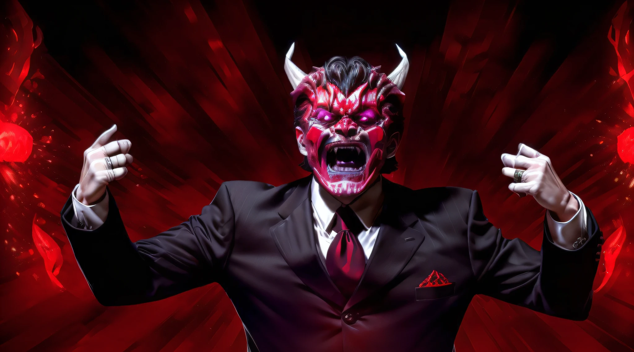 arafed image of a man with demon face in a suit and tie with his hands up, he is screaming to hell, javier milei face, demom man screaming, mad man screaming demon, meme template, inspired by hell , the demon man is screaming and sad, render, yawning, marvano, unbiased render, hell background video still