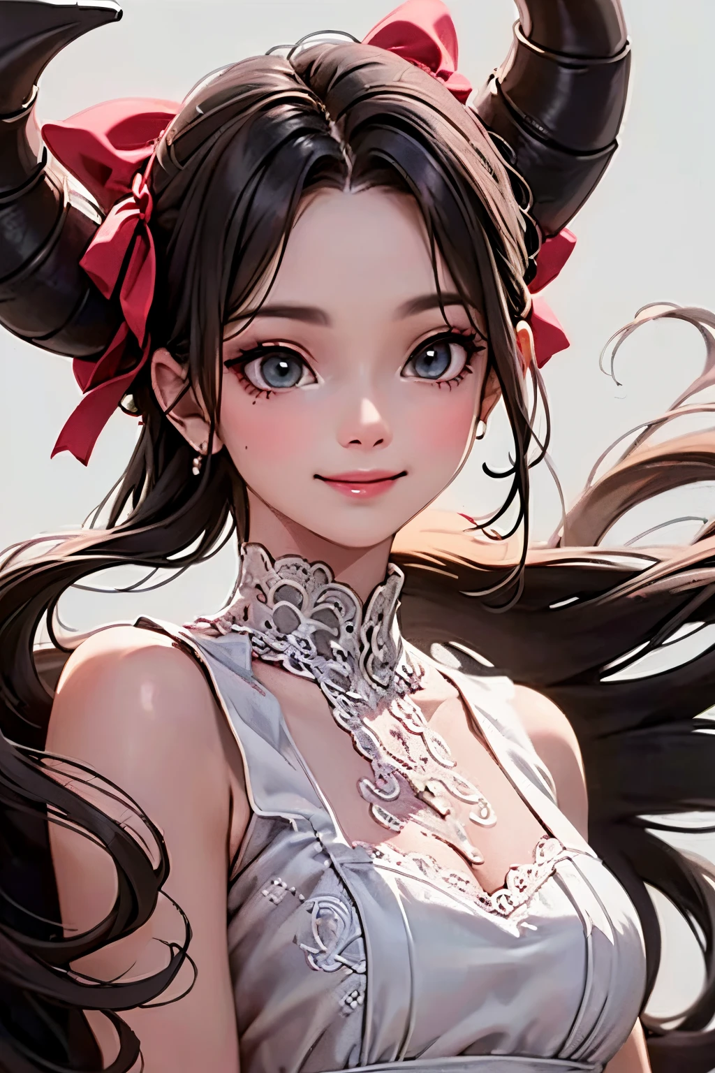 a close up of a (horned demon girl) smiling, wearing a lace cloth dress, black hair, red smokey eyes makeup, (hair bow), dramatic magic floating pose,