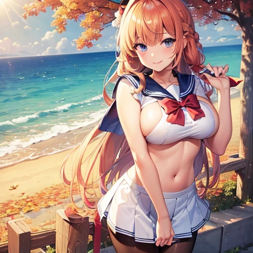 ((masterpiece,best quality)), highres, extremely detailed 8K wallpaper, big boobs, cheerful, greeting, morning, smile, sailor uniform, mini skirt, smiling face, tights, fascinator, braid, sunny, from front, autumn, sunshine, autumn, morning, greeting